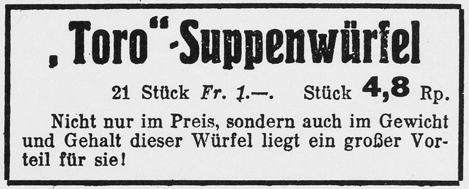 Migros-Inserat für Toro-Suppenwürfel (Zeitung in der Zeitung, 1929)