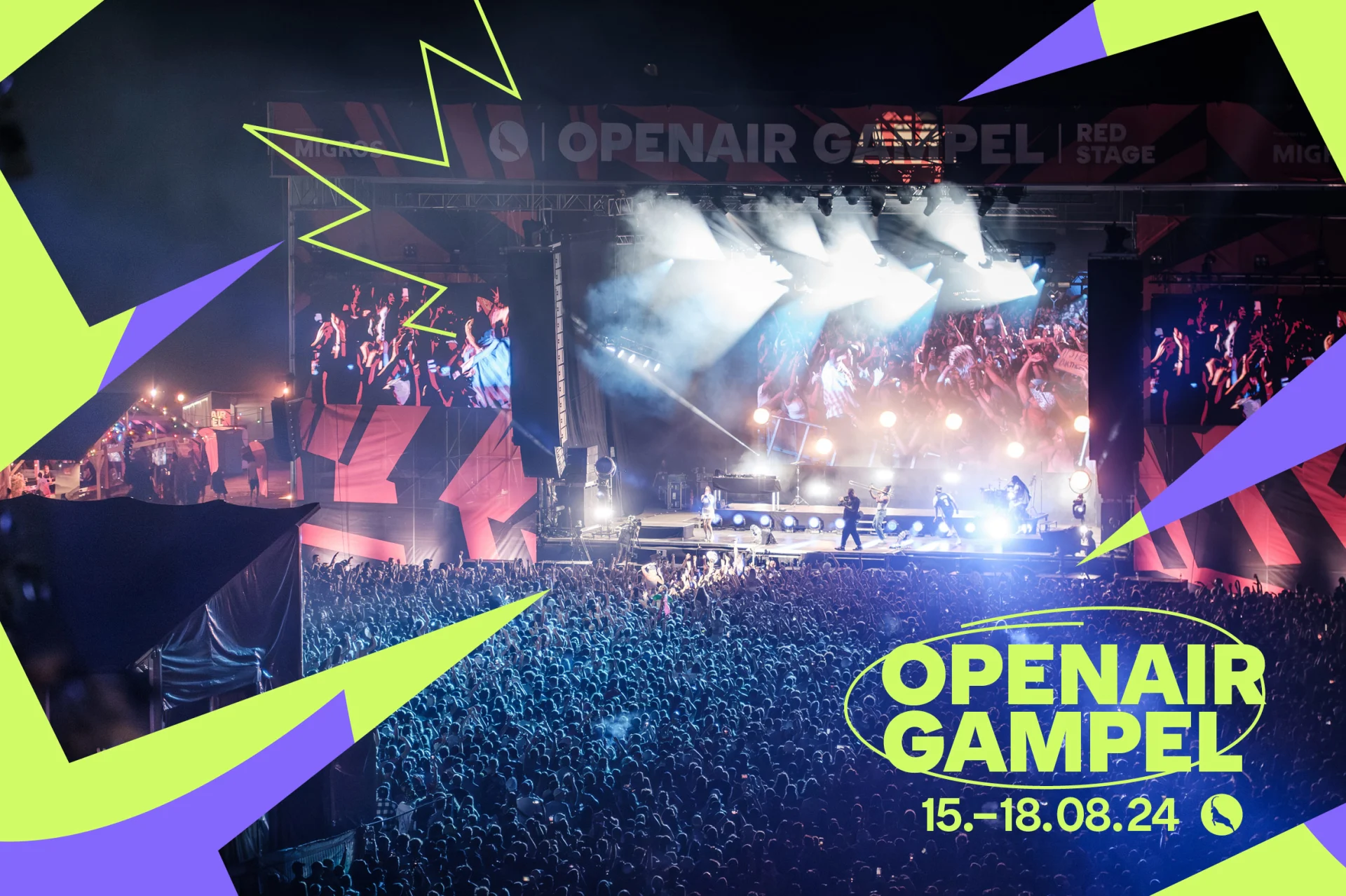 Logo dell'Openair Gampel e atmosfera da festival davanti al palco del concerto