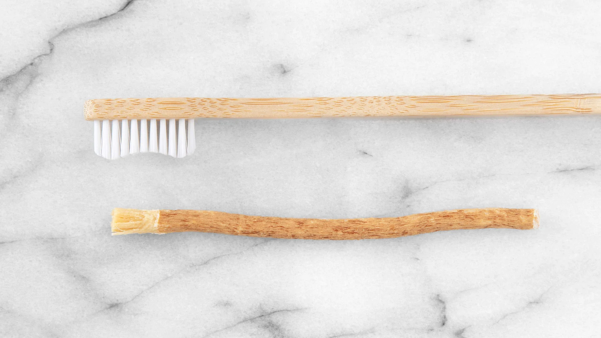 An original tooth brush and a wooden brush as we know it today.