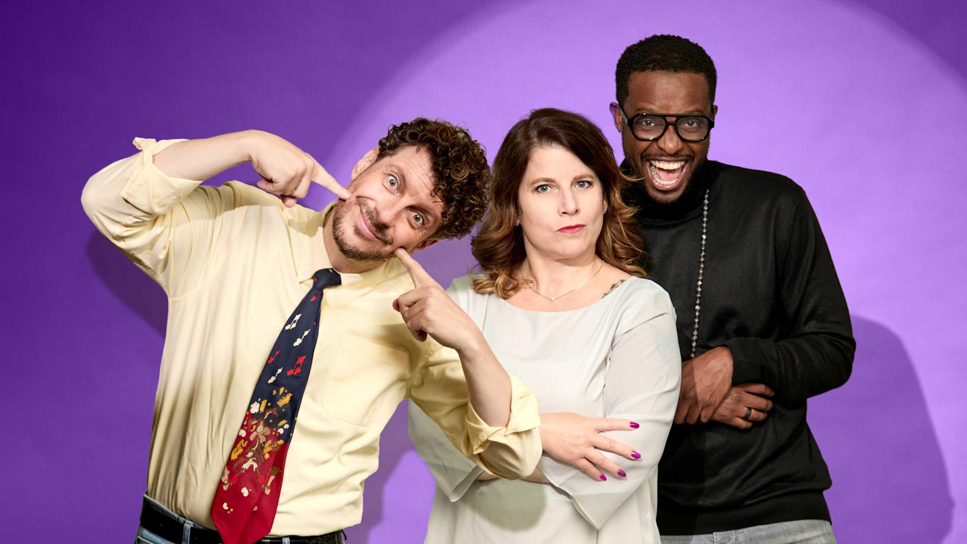 Les humoristes Nathalie Devantay, Charles Nguela, Flavi Saa