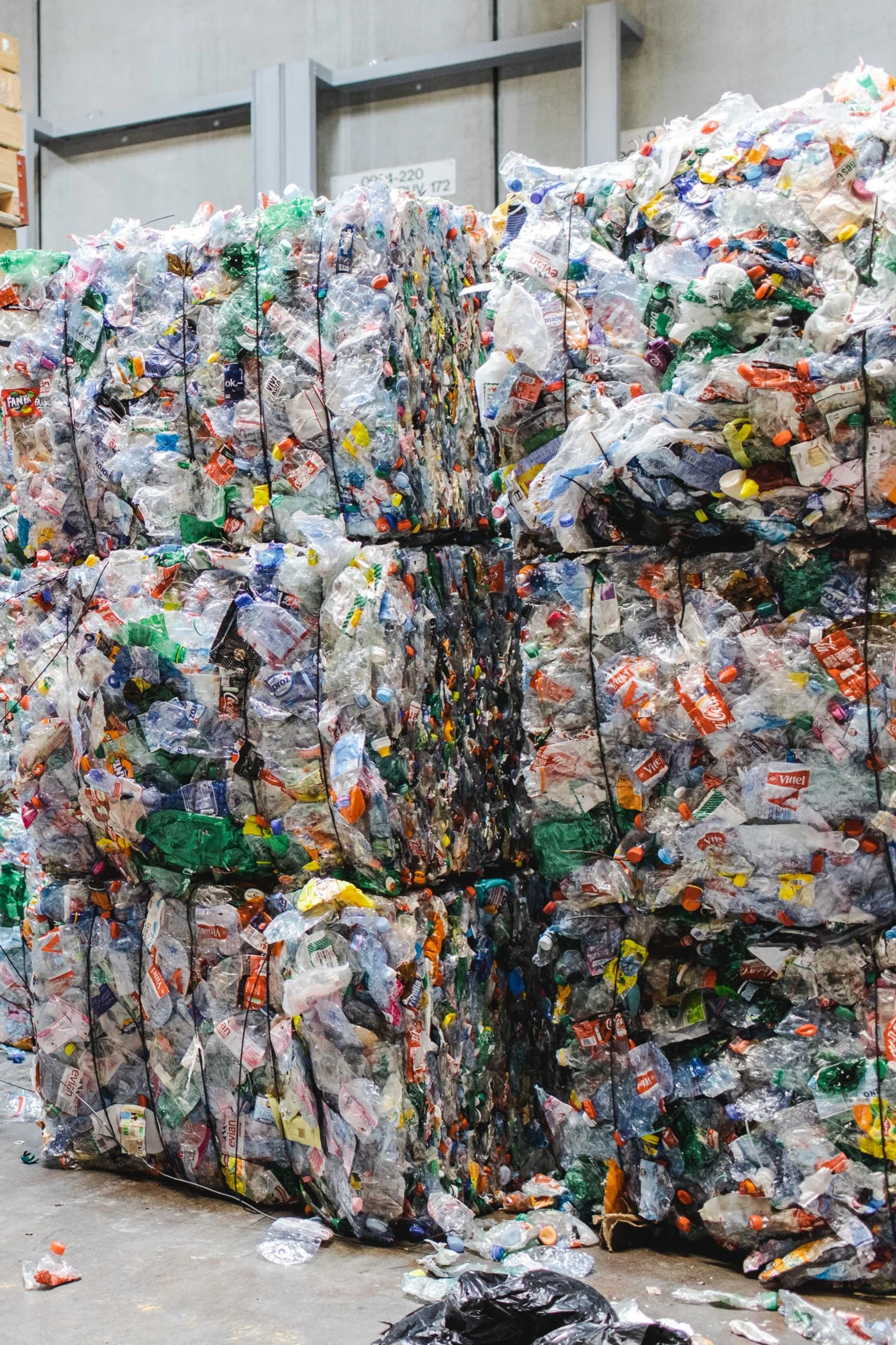 A stack of pressed PET bottles ready for recycling