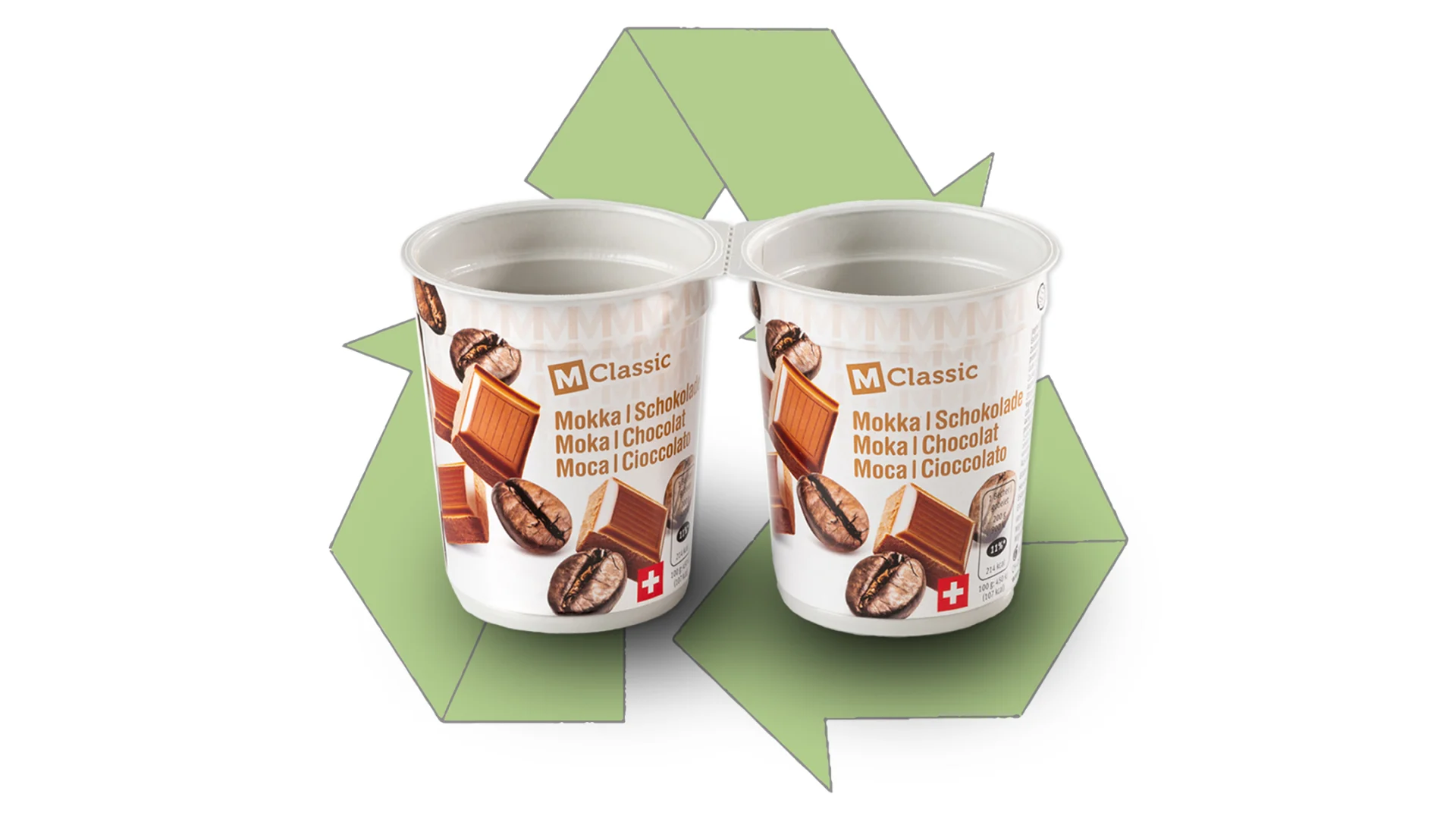 Two M-Classic mocha yoghurt containers and behind them you can see a symbol for a closed circuit