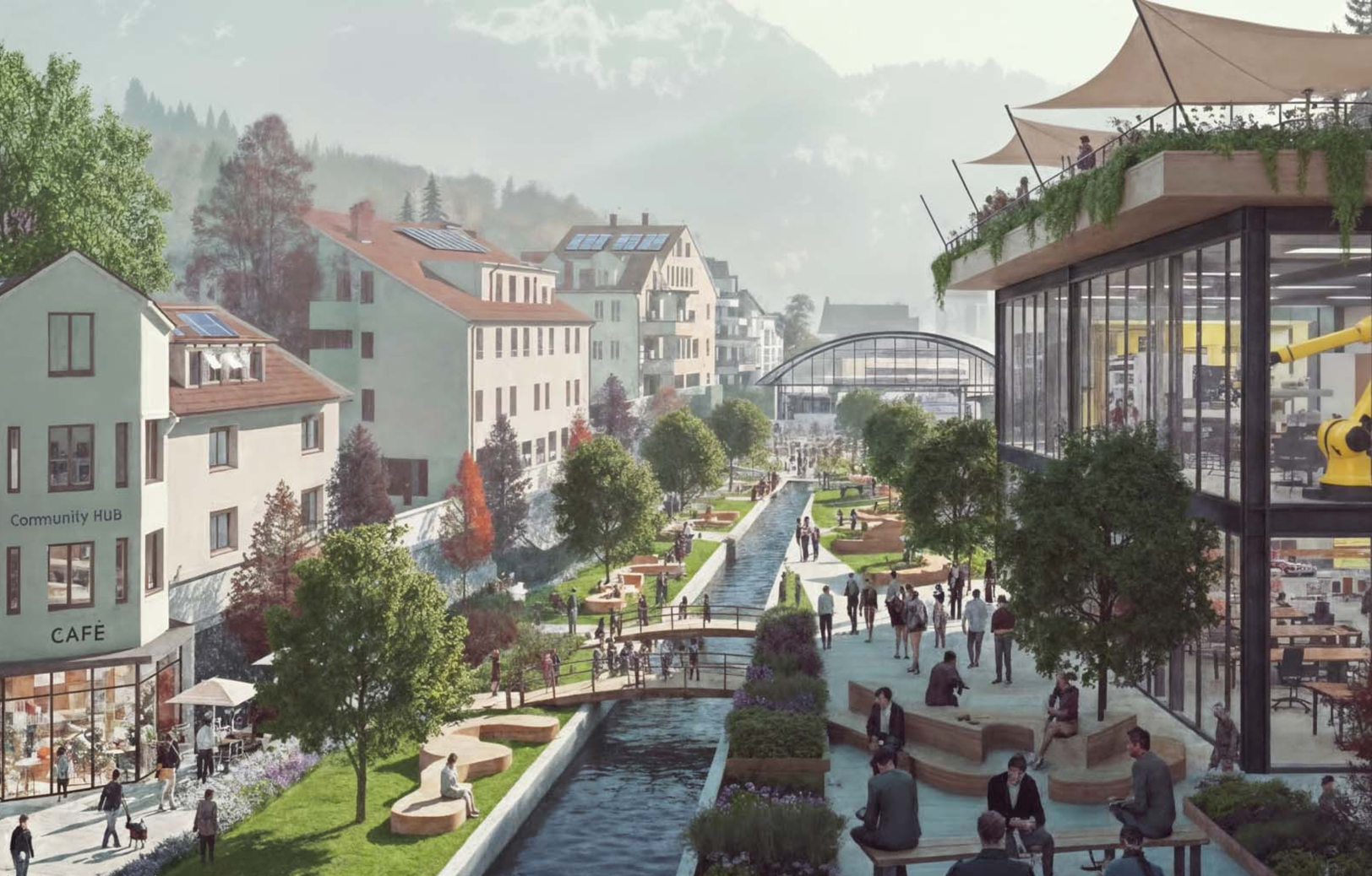 Urbanes Stadtviertel mit begrünten Flächen, einem kleinen Kanal, Fussgängerbrücken und modernen Gebäuden. Menschen geniessen die Gemeinschaftsbereiche und die Natur.