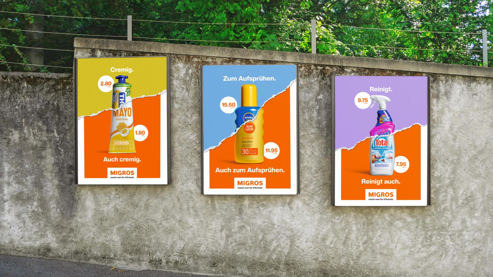 Drei Plakate der neuen Migros Marken Kampagne