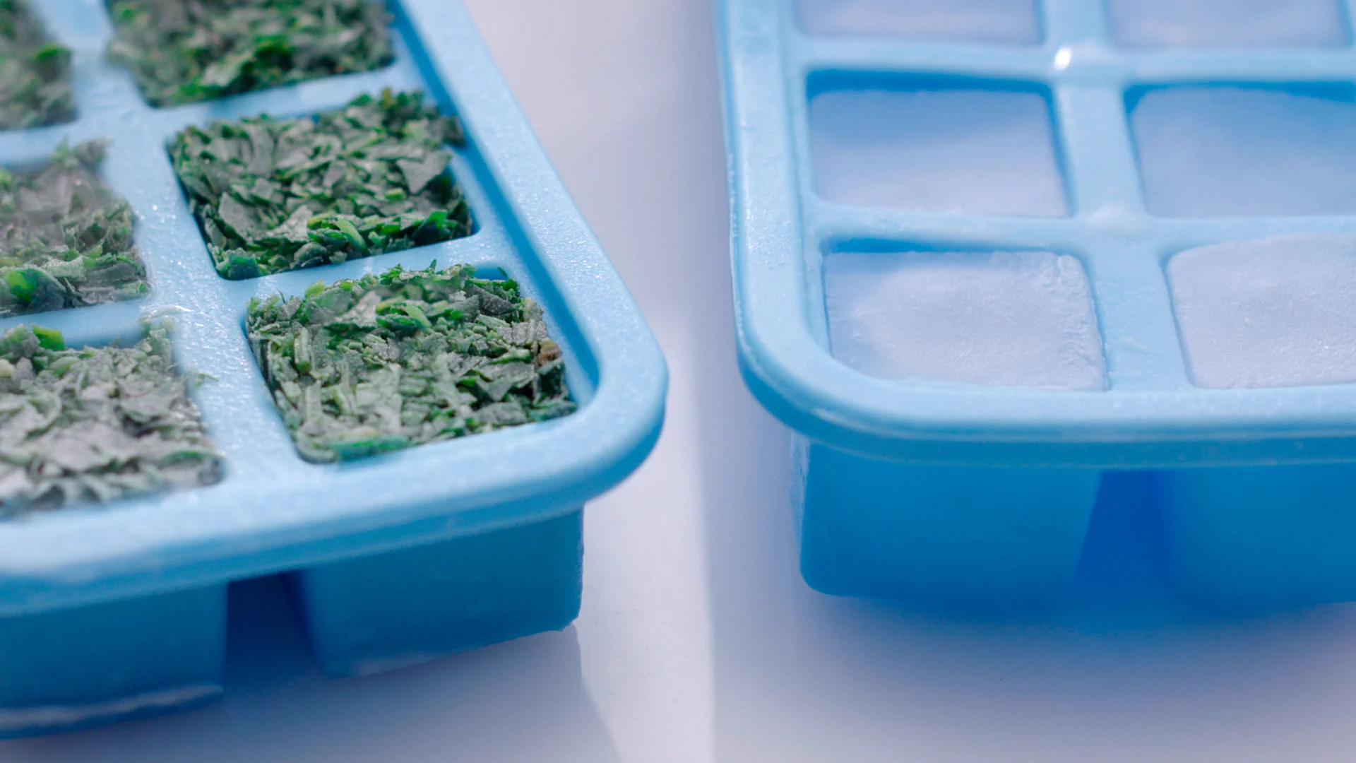 Erbe aromatiche congelate in una vaschetta blu per cubetti di ghiaccio