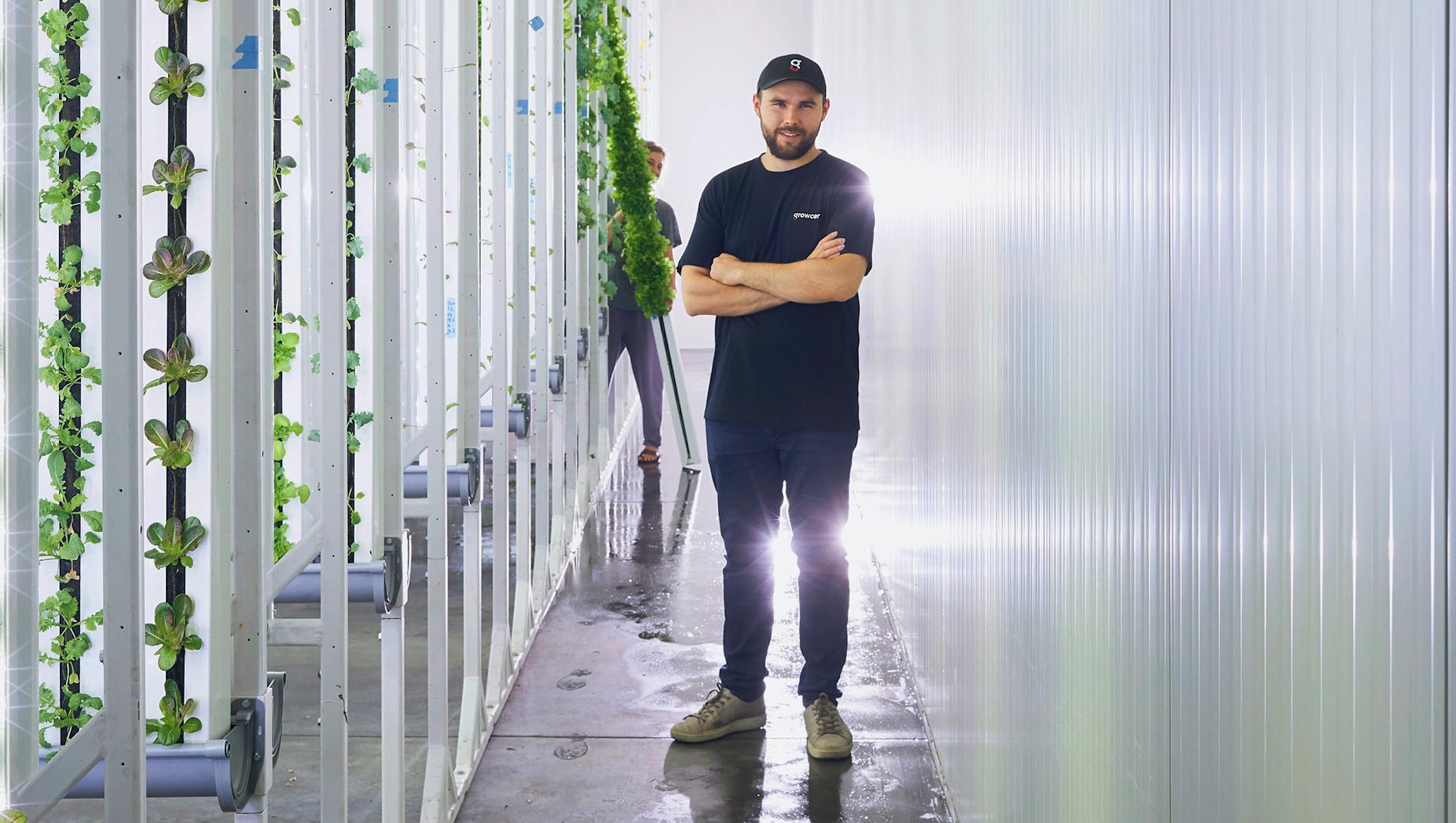 Gründer von Growcer, Marcel Florian steht inmitten der vertikal-wachsenden Pflanzen