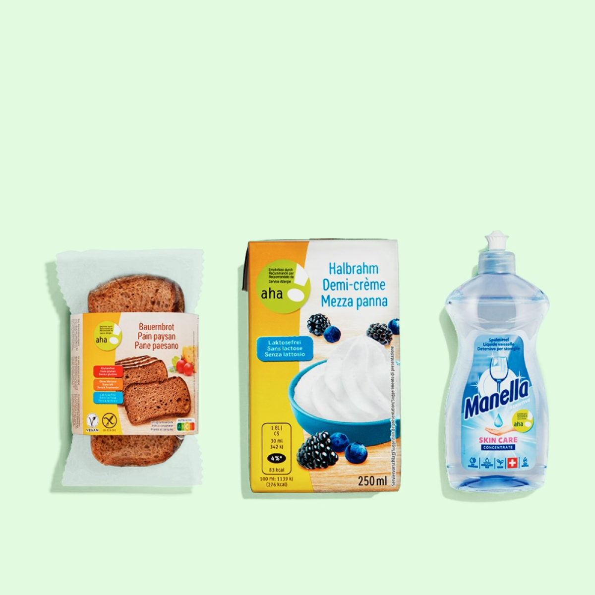 Trois produits de l'assortiment aha! 