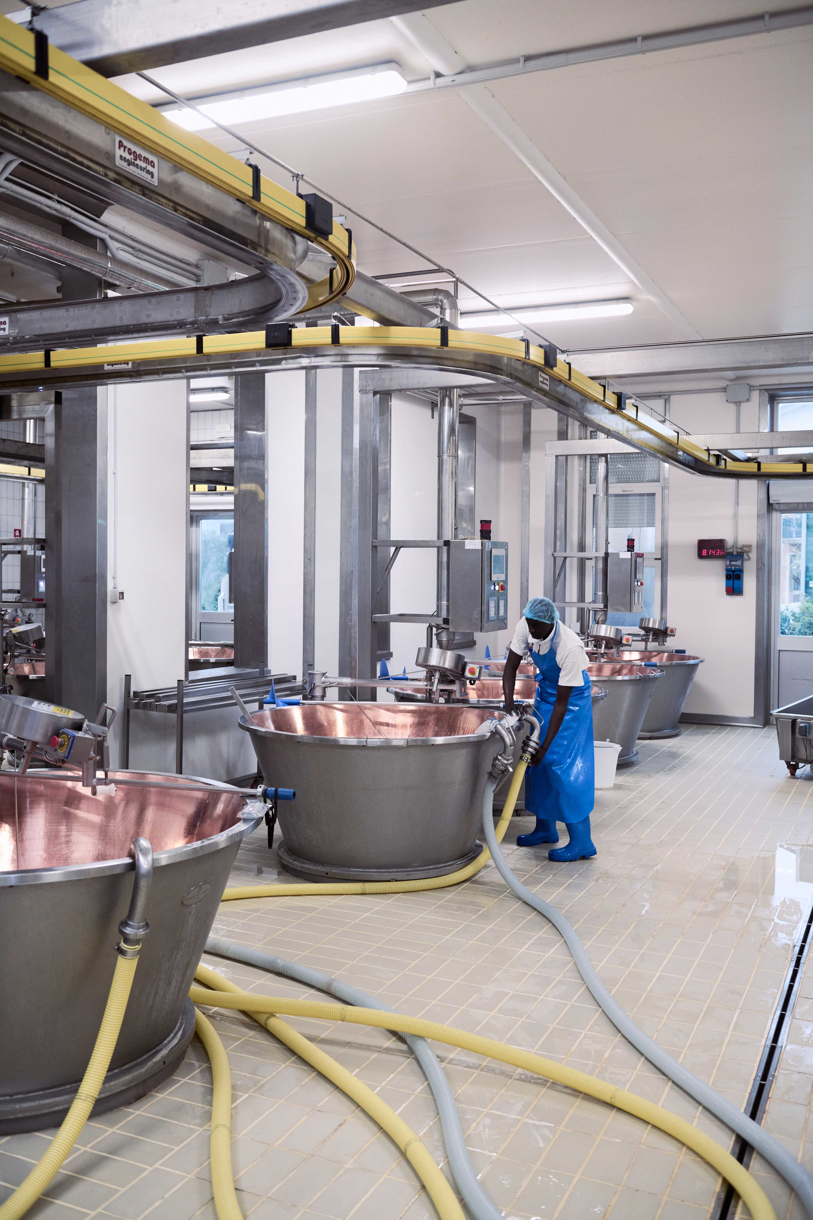 The cheesemaker adds whole milk first, then skimmed milk.