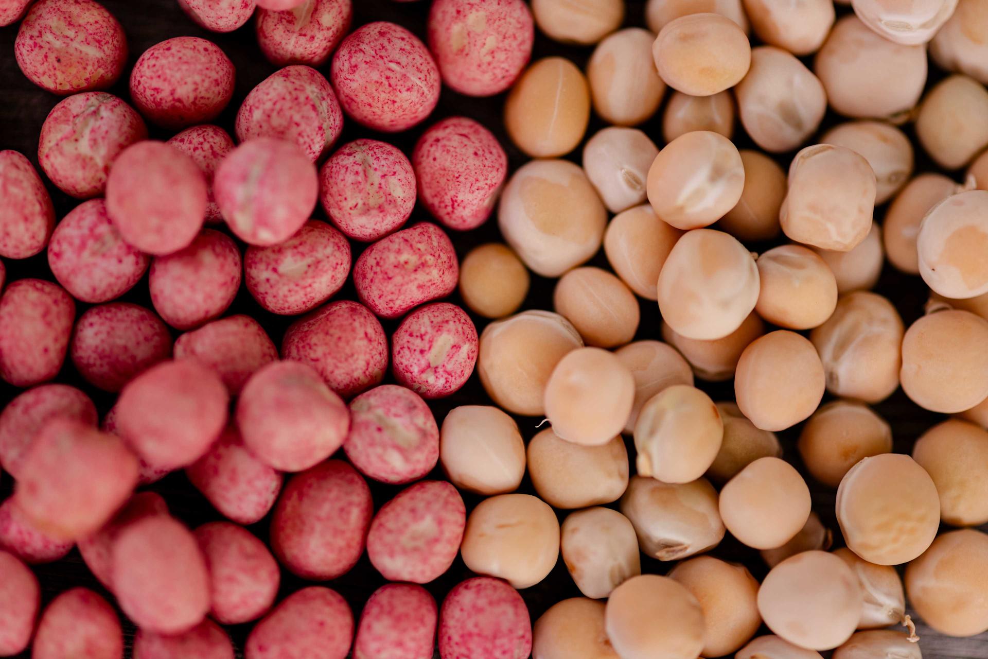 Rote und gelbe Erbsen liegen nach Farbe aufgeteilt nebeneinander