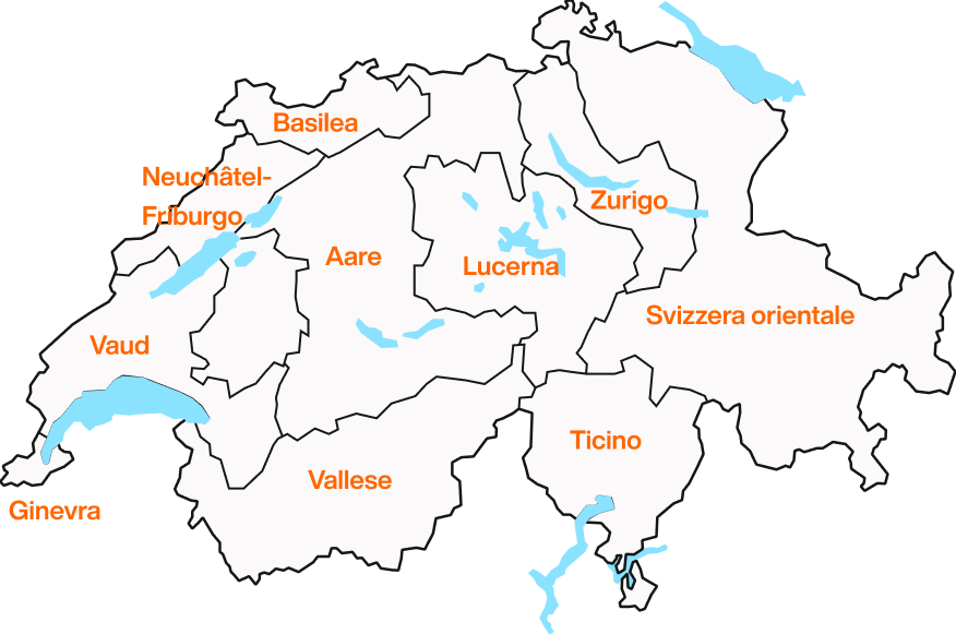 Illustrazione di una mappa della Svizzera con le regioni delle cooperative Migros segnate.
