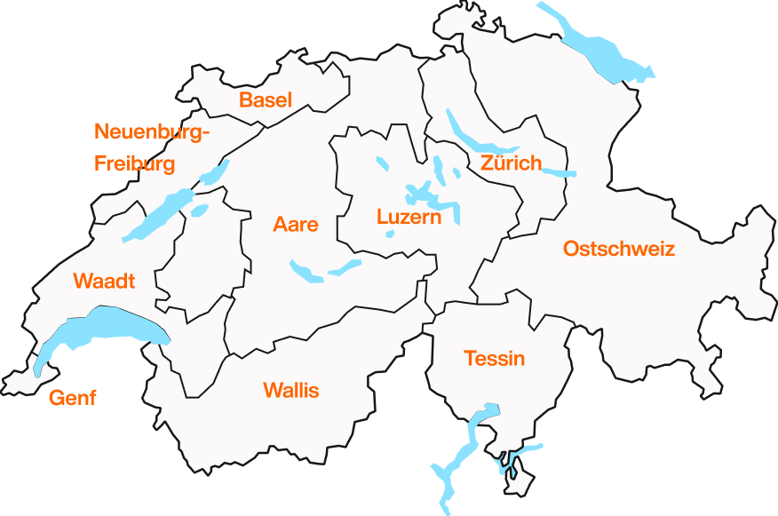 Illustration einer Schweizer Karte mit den eingezeichneten Regionen der Migros Genossenschaften.