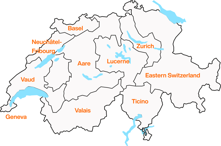 Illustration of a Swiss map with the regions of the Migros cooperatives marked.