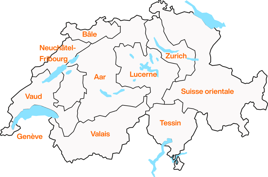 Illustration d'une carte de la Suisse avec les régions des coopératives Migros indiquées.