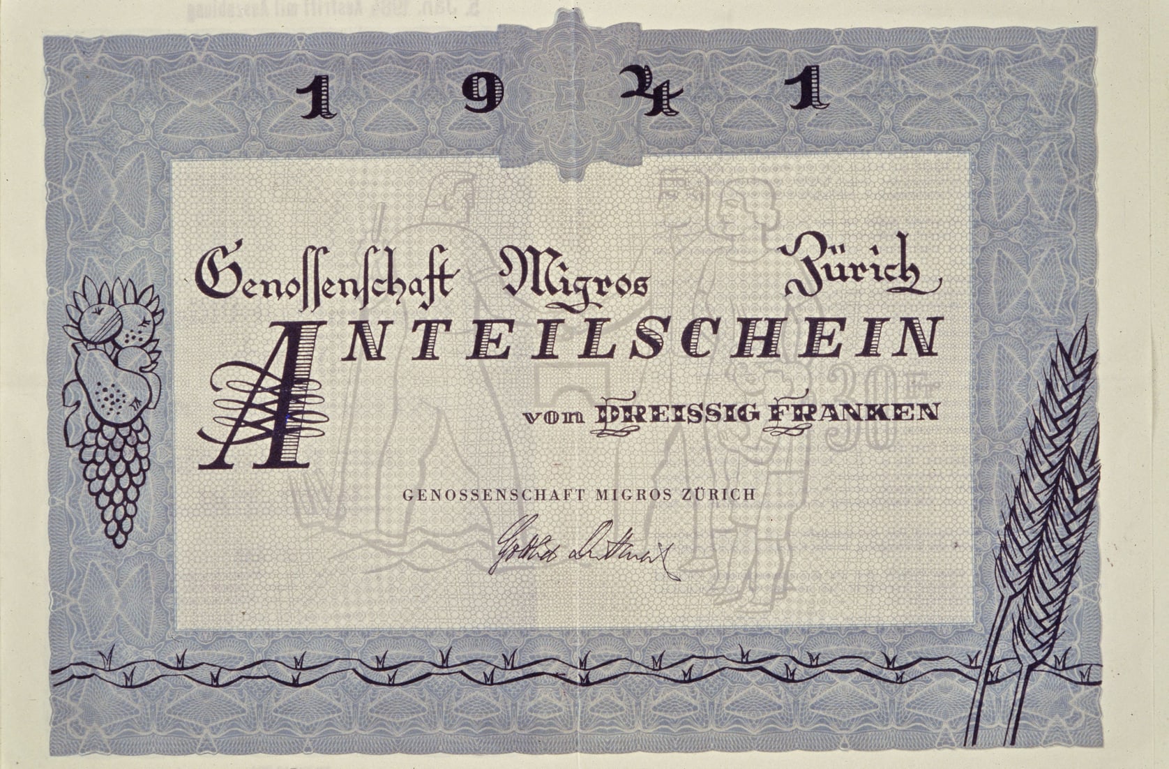 Anteilschein der Genossenschaft Migros Zürich (1949).  [MGB_Dok_Fo_077577]