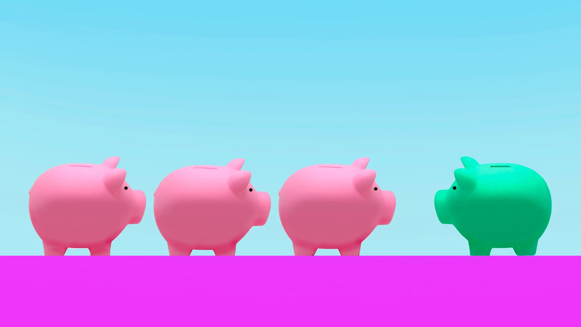 Illustration of a side view of four piggy banks, three pink ones facing to the right, one green piggy bank facing left.