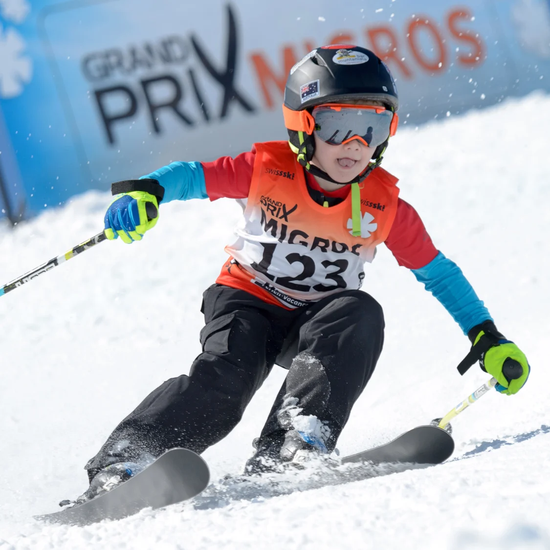 A child takes part in a downhill run at the Migros Grand Prix.