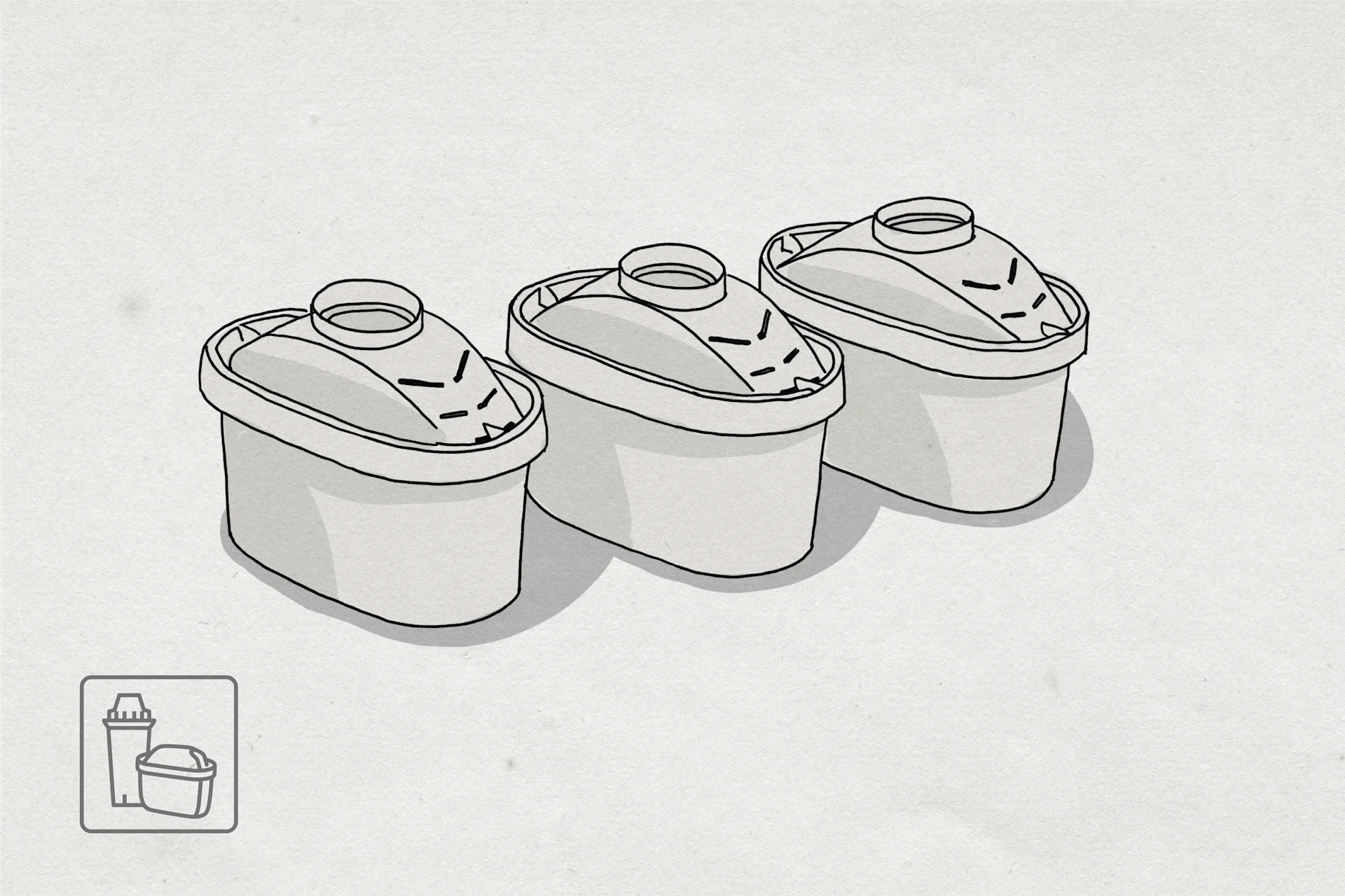 Illustration von drei Wasserfilterkartuschen in einer Reihe