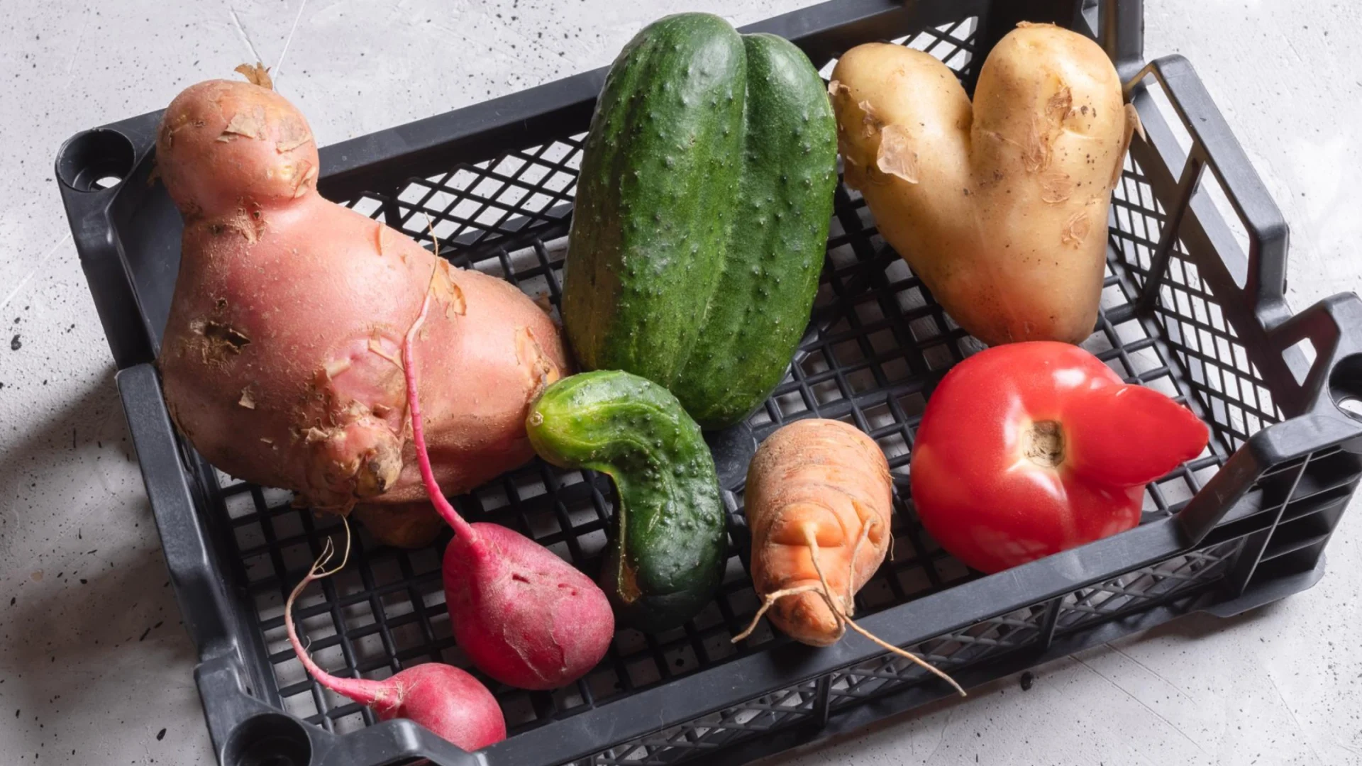 Crooked, thick and small vegetables in a box.