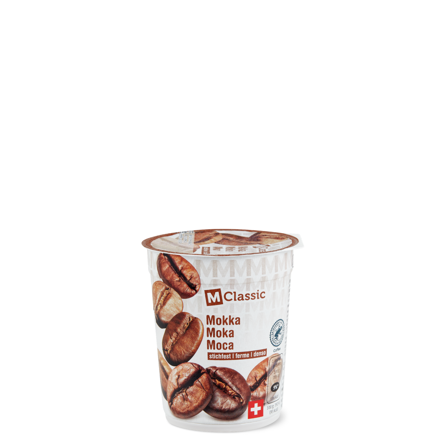 Pot de yaourt M-Classic au moka, avec une illustration de grains de café, un emballage blanc, la croix suisse et les informations sur le produit au recto.