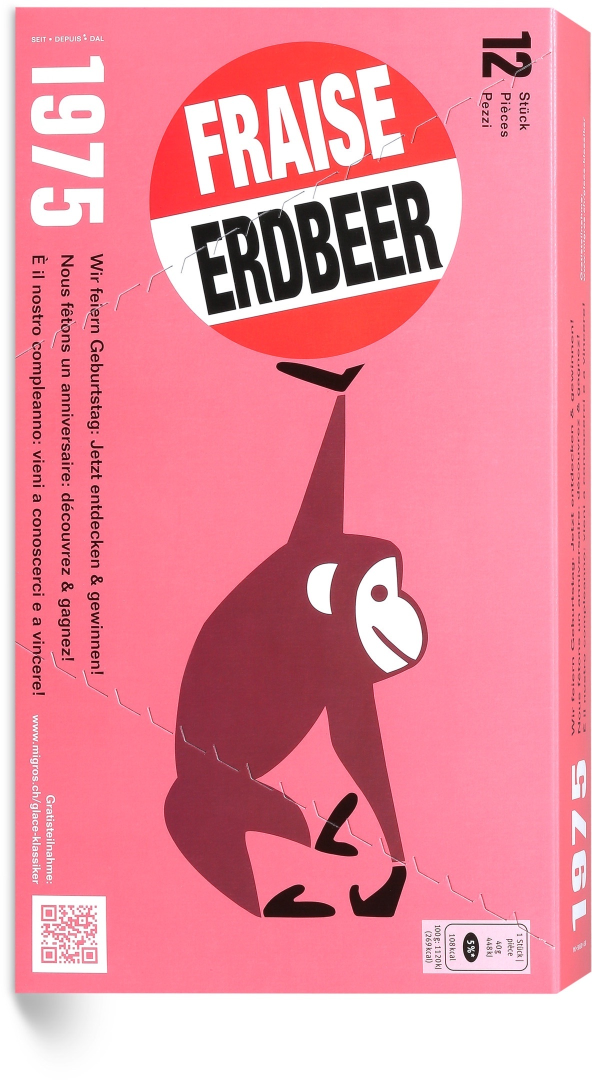 Migros strawberry ice cream with the monkey motif