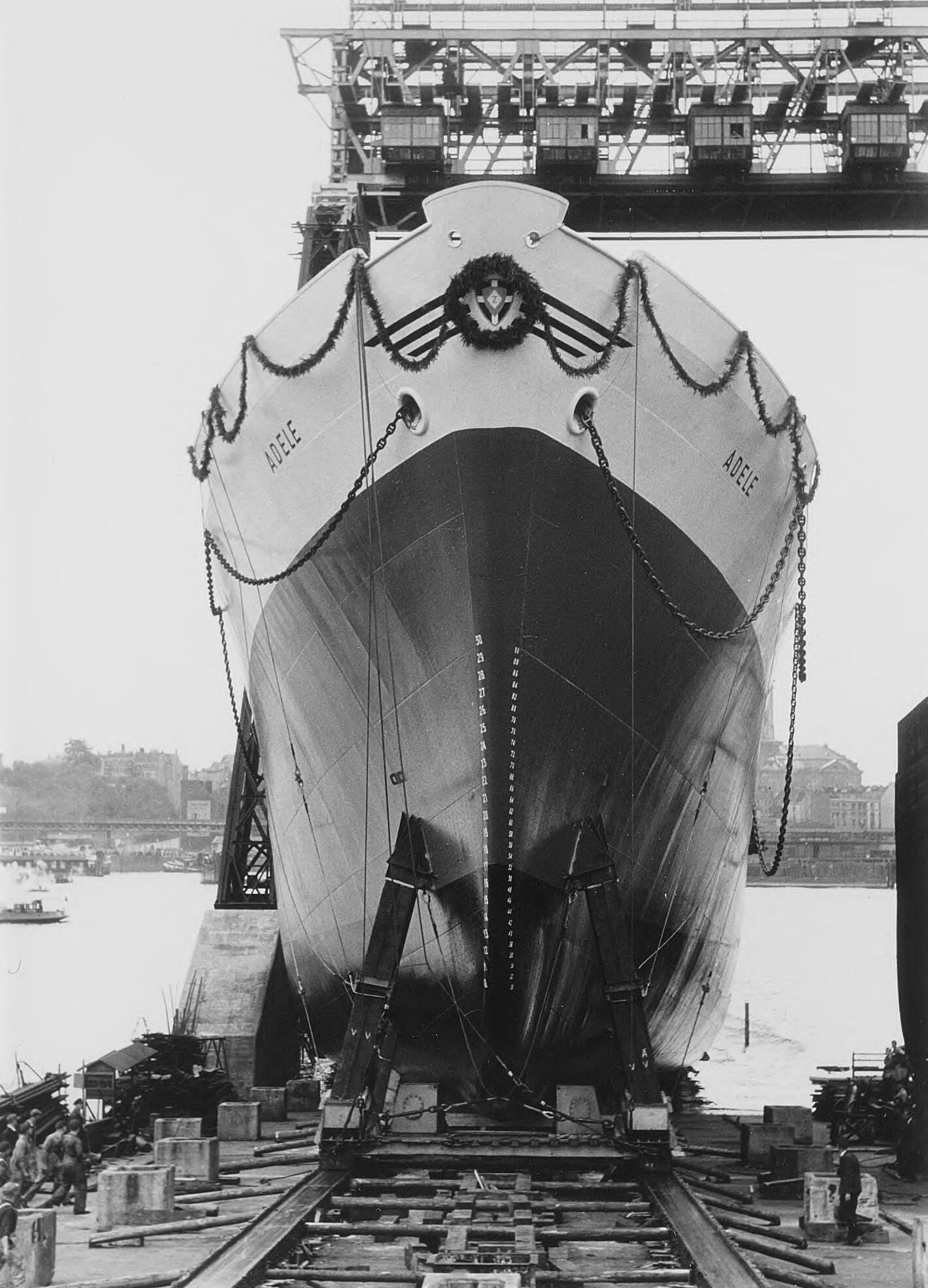 A black-and-white photograph of the deep sea freighter christened “Adele”.