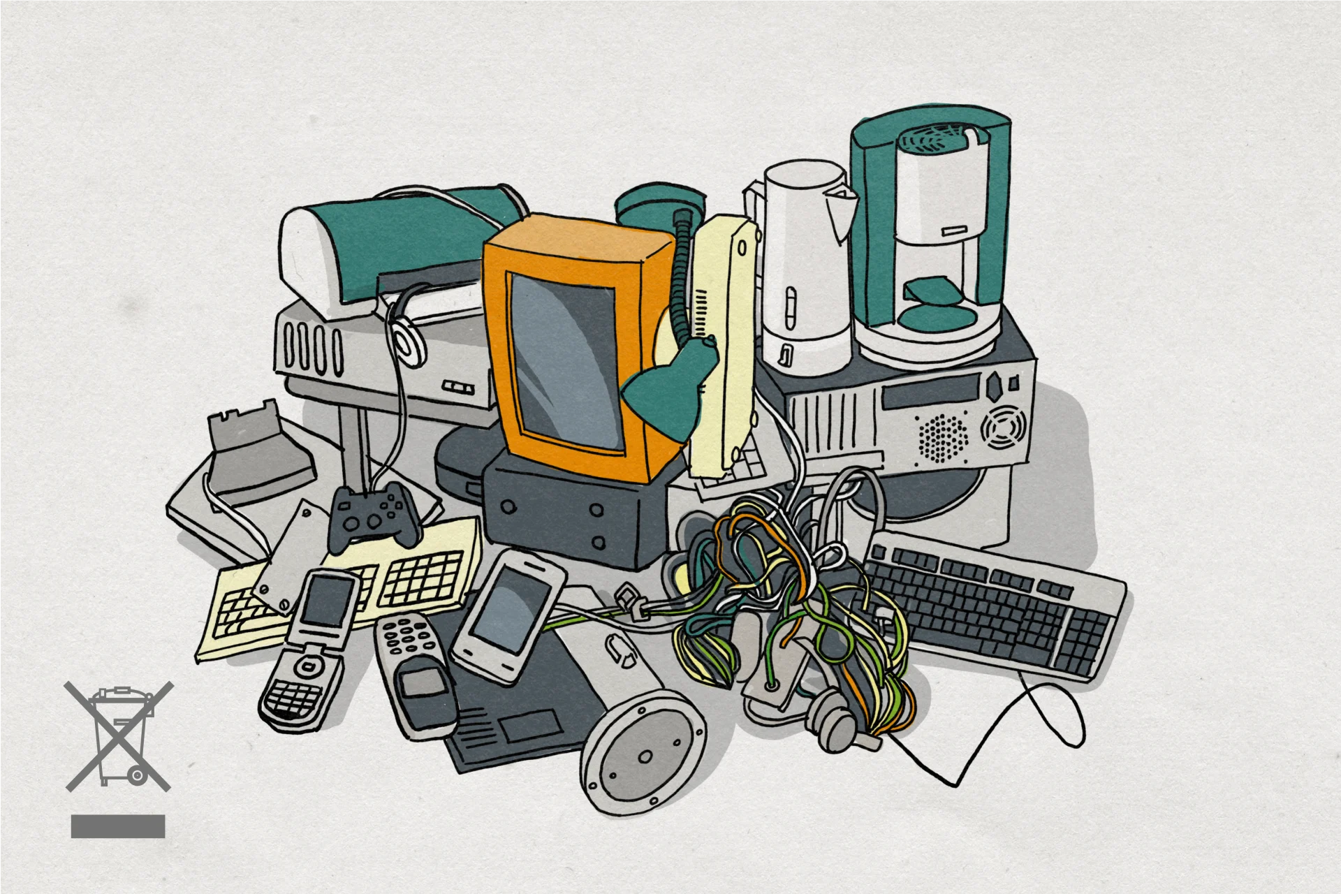 Illustrazione di apparecchi elettronici da intrattenimento, elettrodomestici e lampade