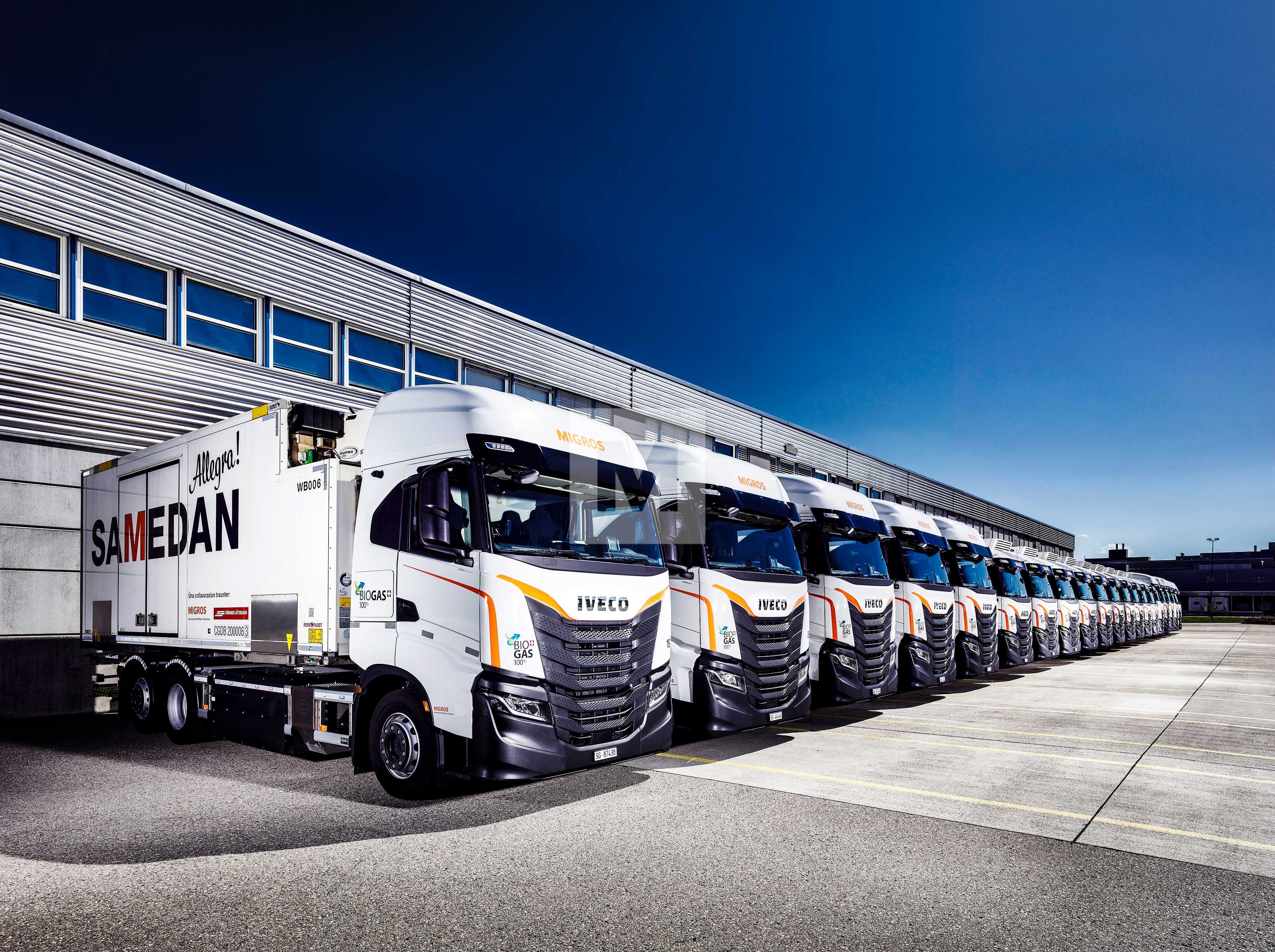 Camions Migros roulant au biogaz.