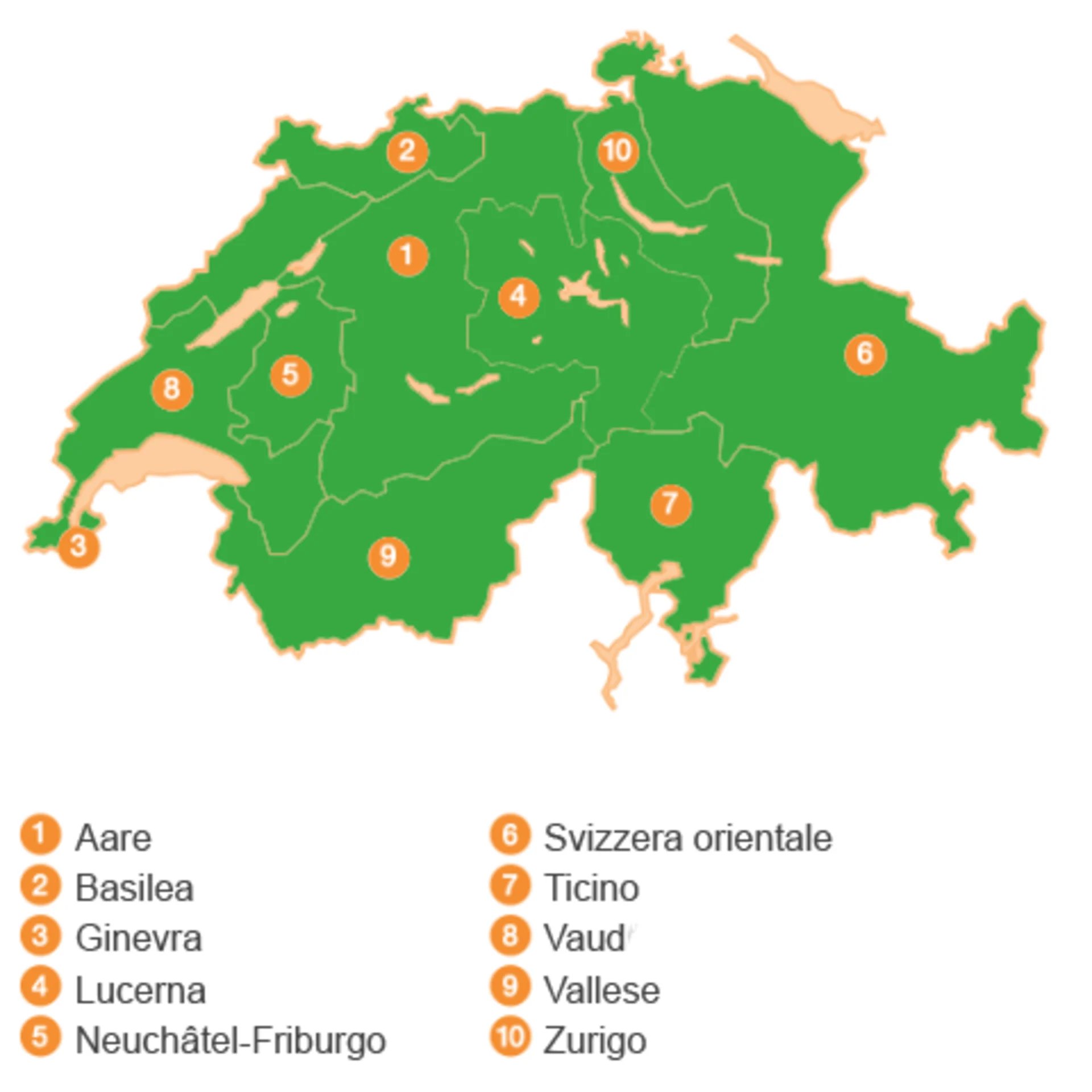 Cartina della Svizzera con le aree economiche delle diverse cooperative.