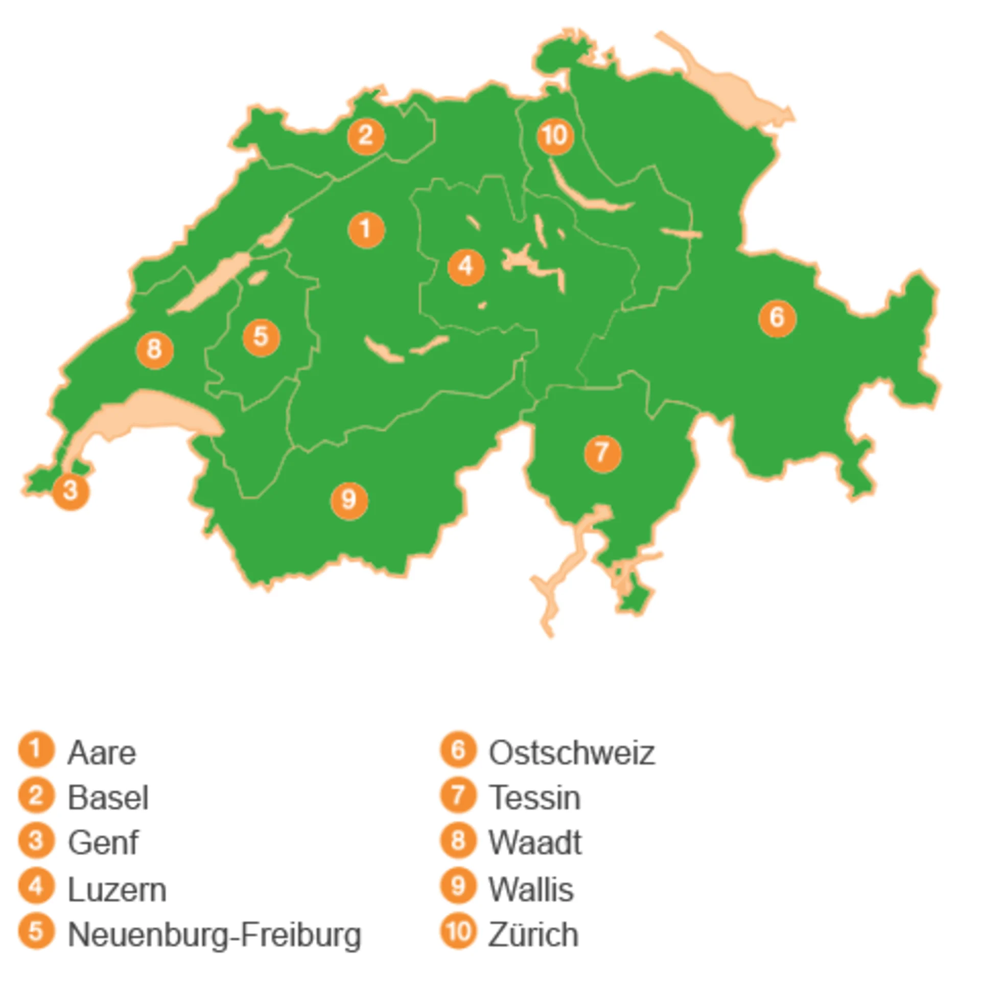 Schweizer Karte mit Wirtschaftsgebieten der verschiedenen Genossenschaften.
