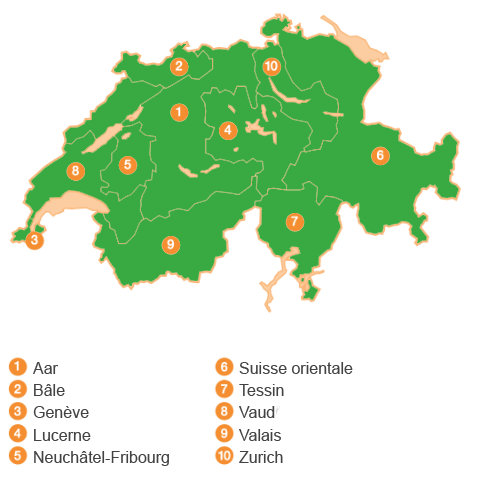 Carte de la suisse avec les zones économiques des différentes coopératives.