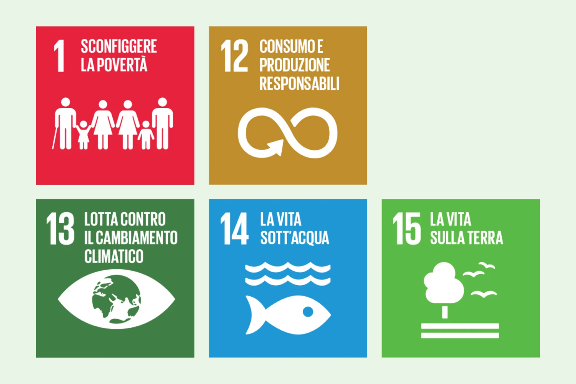 I nostri obiettivi per il consumo sono allineati agli SDG 1, 12, 13, 14 e 15. Illusttrazione da SDG 1, 12, 13, 14 und 15.