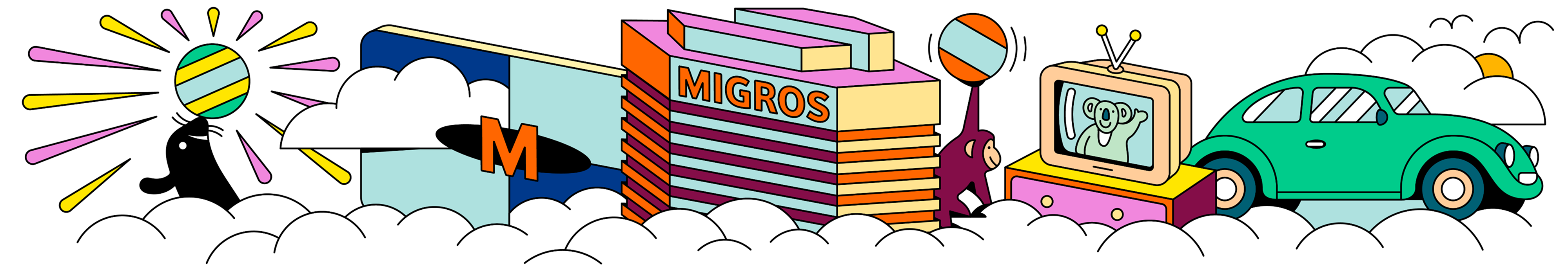 A colourful illustration with various Migros cult objects, such as the seal and the monkey, a Cumulus card. Also the Migros tower block, a colour television and a VW Beetle from the 1960s.