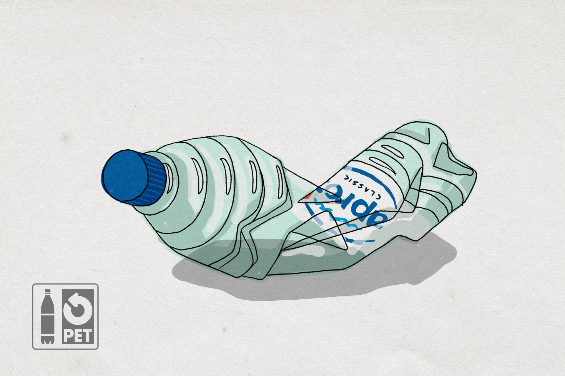 Illustration of an empty, compressed beverage bottle made of plastic