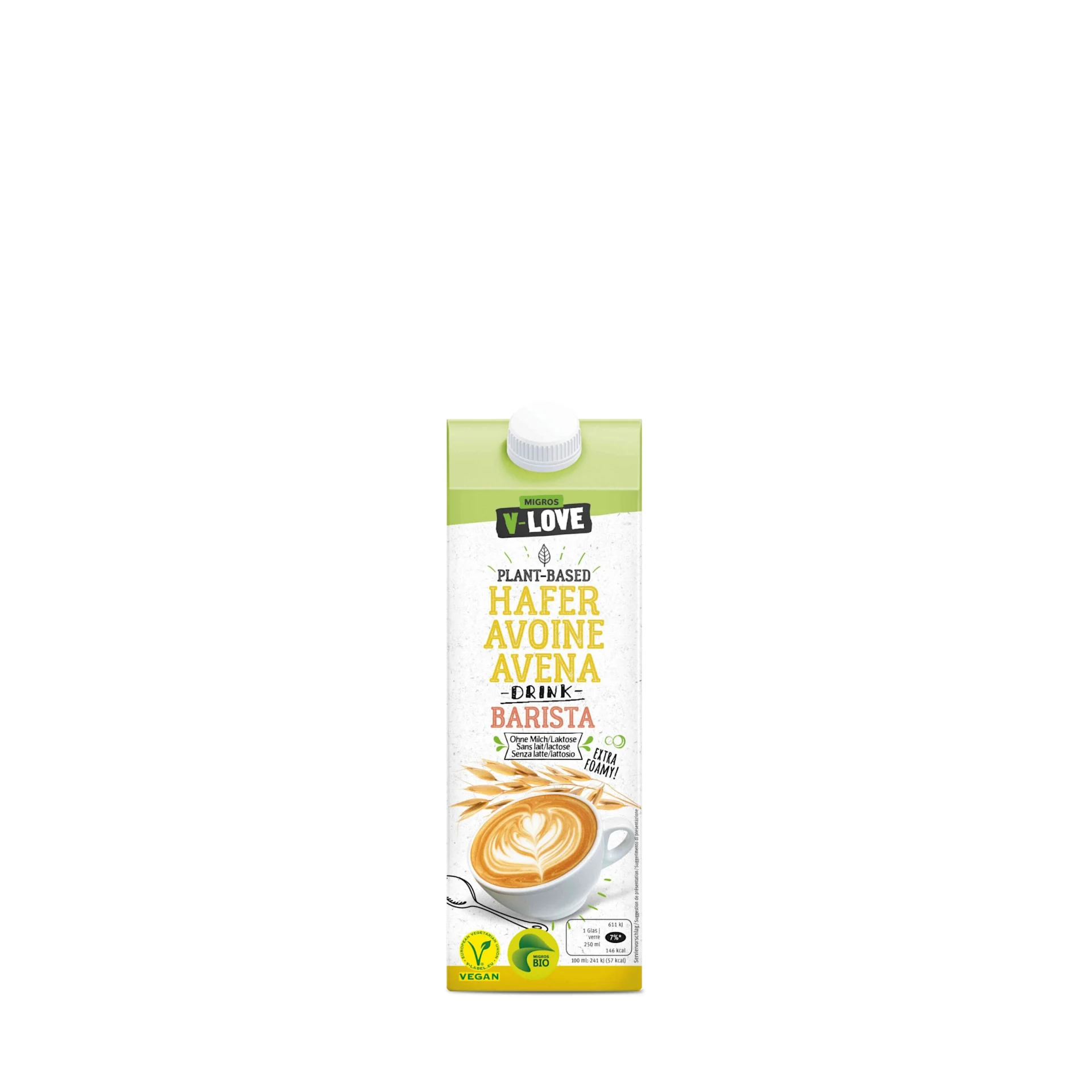 Un packshot della bevanda all'avena V-Love.