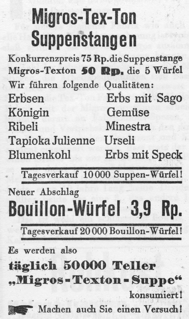 Migros-Werbung für Tex-Ton-Suppenstangen und -würfel (1931)