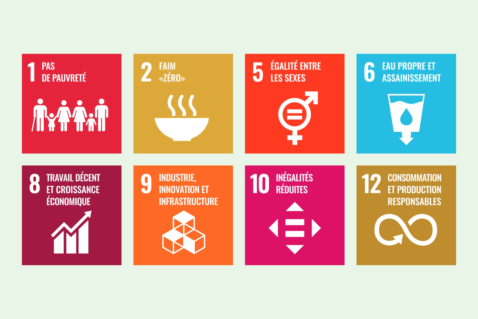 Infographie SDGs 1, 2, 5, 6, 8, 9, 10, 12