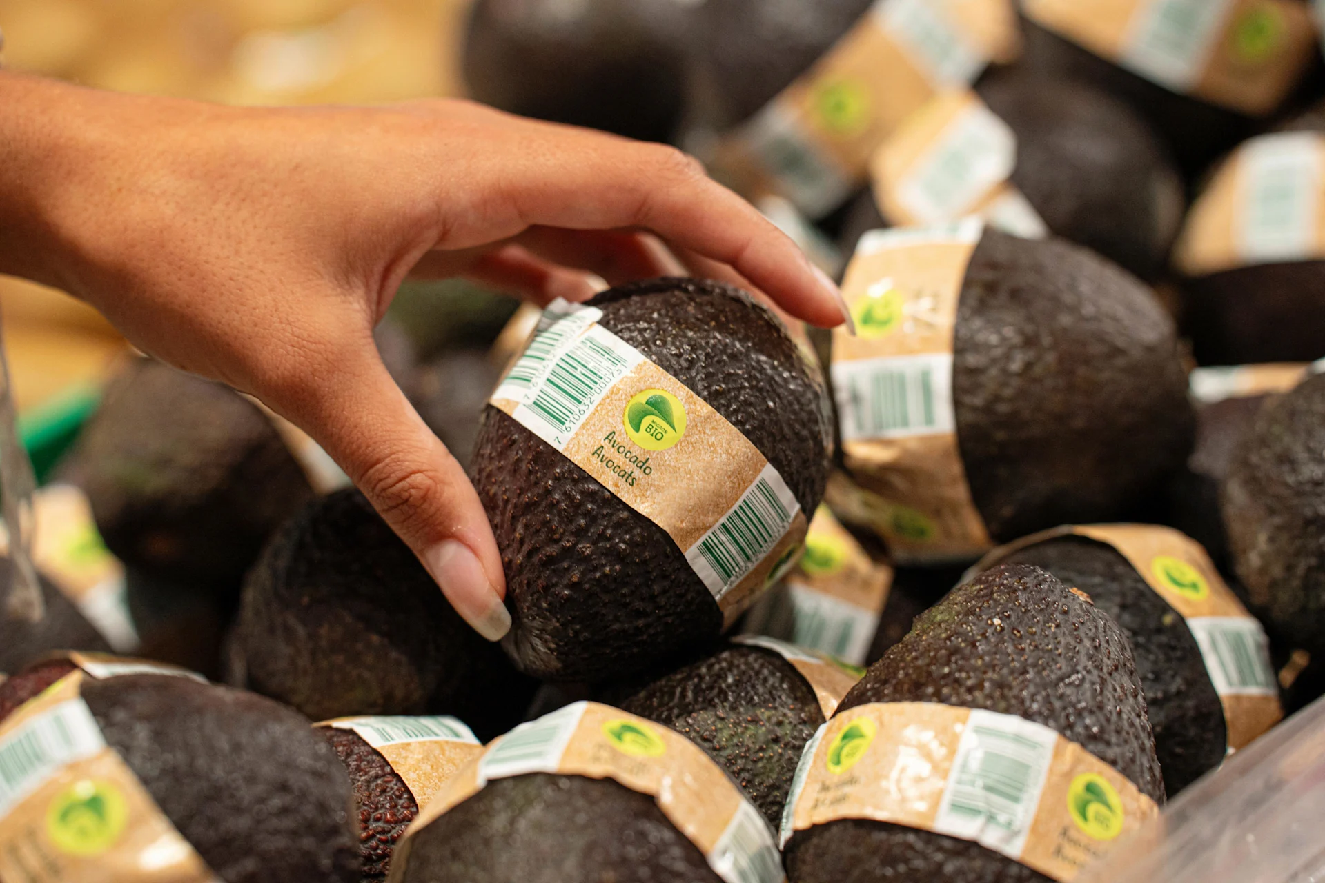 Una mano che raggiunge un avocado biologico.