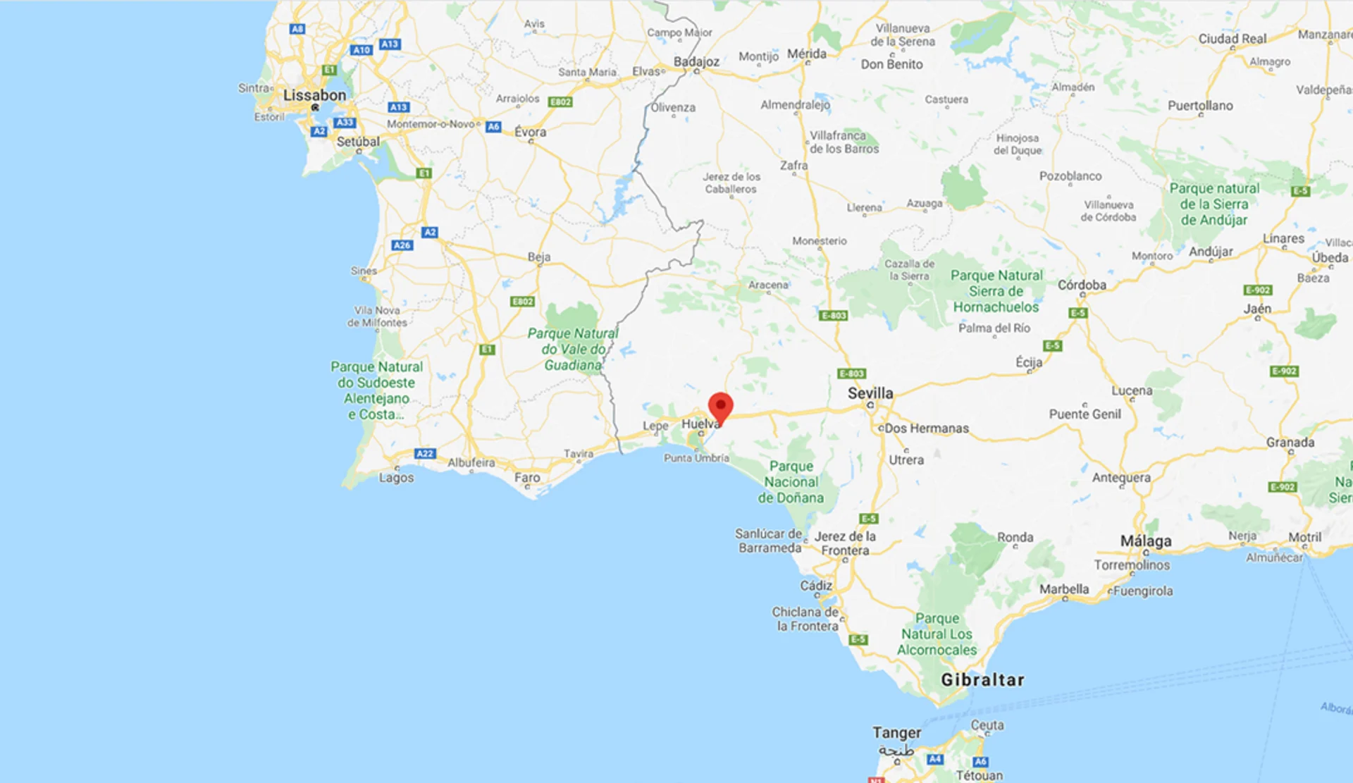 An extract from Google Maps showing southern Andalusia