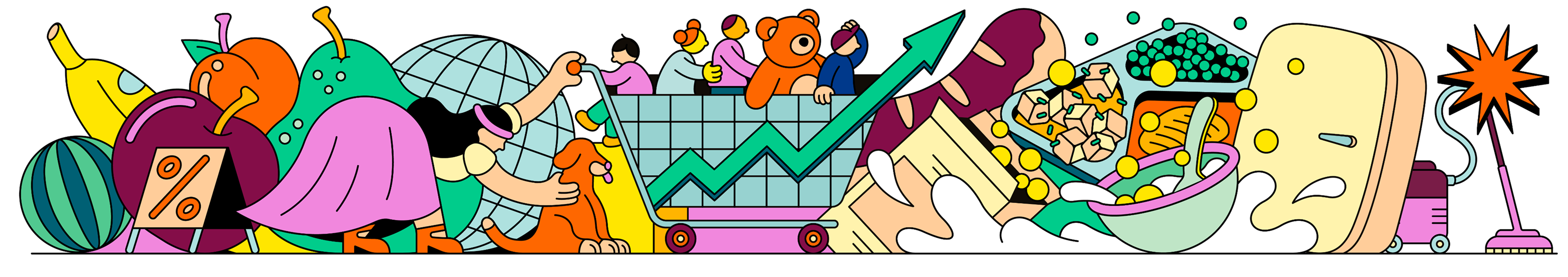 A colourful illustration with developments from the 1940s, such as a refrigerator or a hoover.