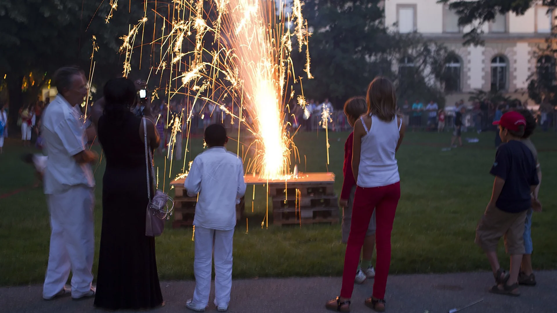 Adults and children enjoying a shower of sparks from a fountain firework.