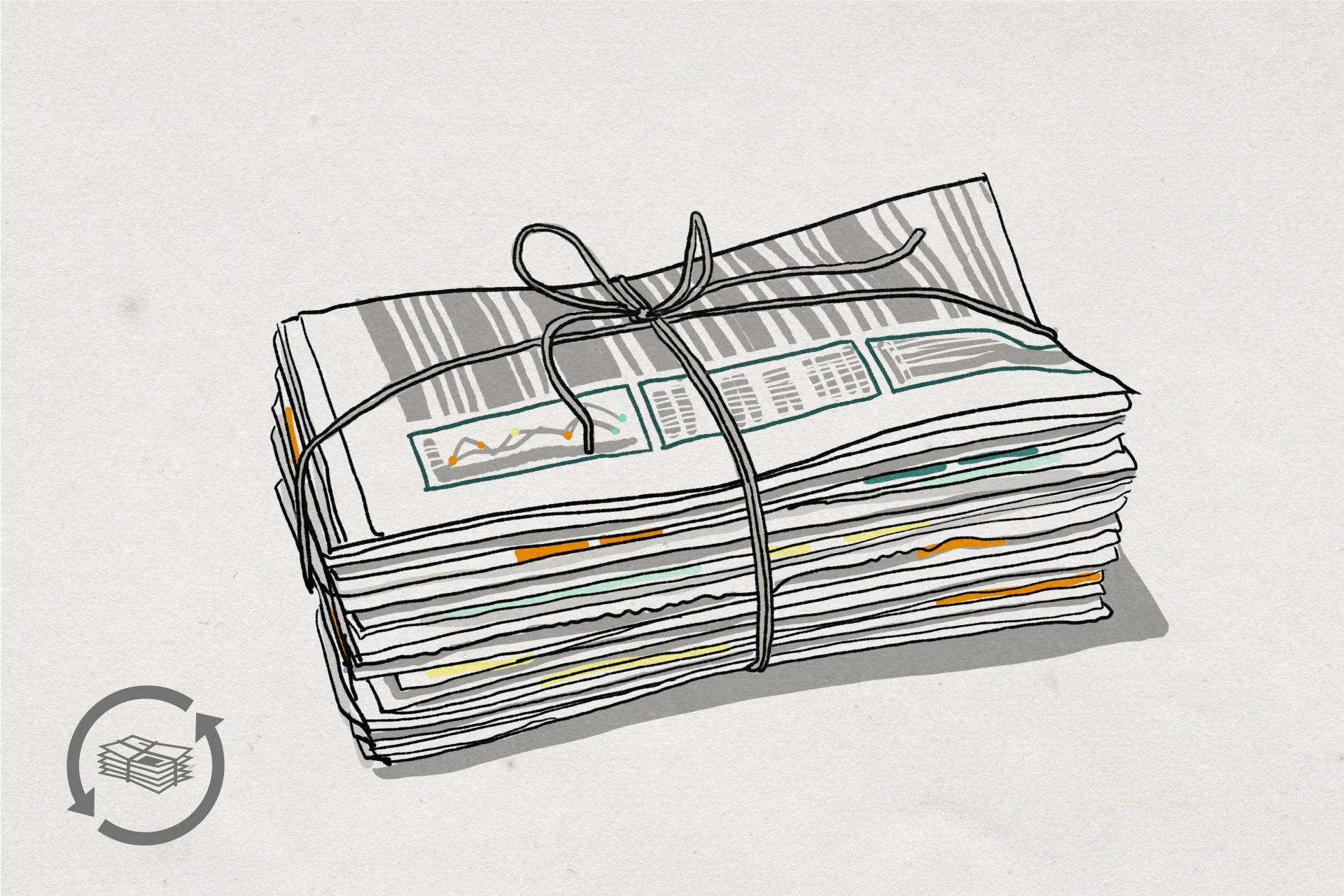 Illustration von einem zusammengebundenen Stapel Zeitungen.