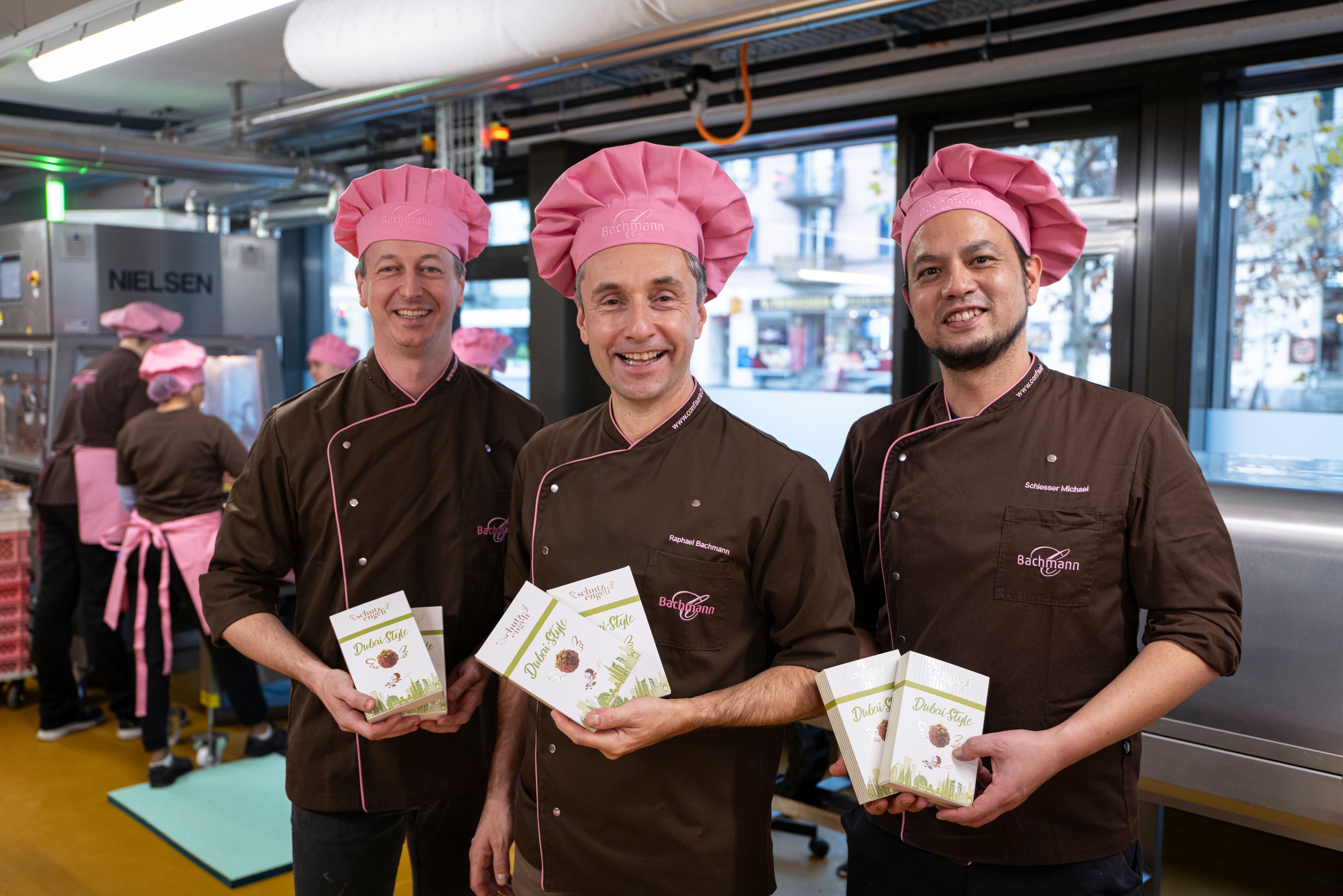 Raphael Bachmann, owner of Confiserie Bachmann AG, with the Dubai chocolate developers