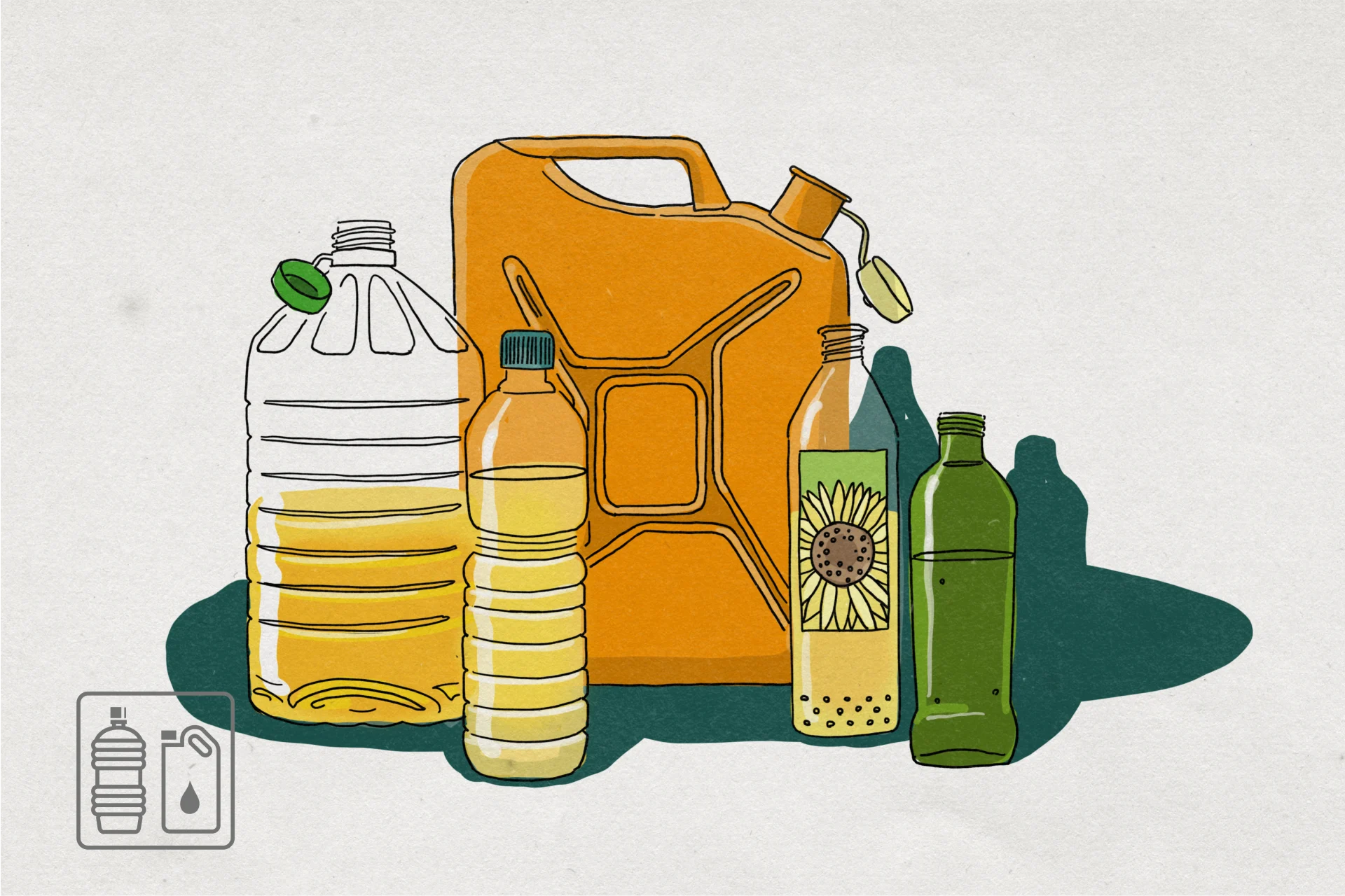 Illustration of half-empty packaging for cooking oil and engine oil.