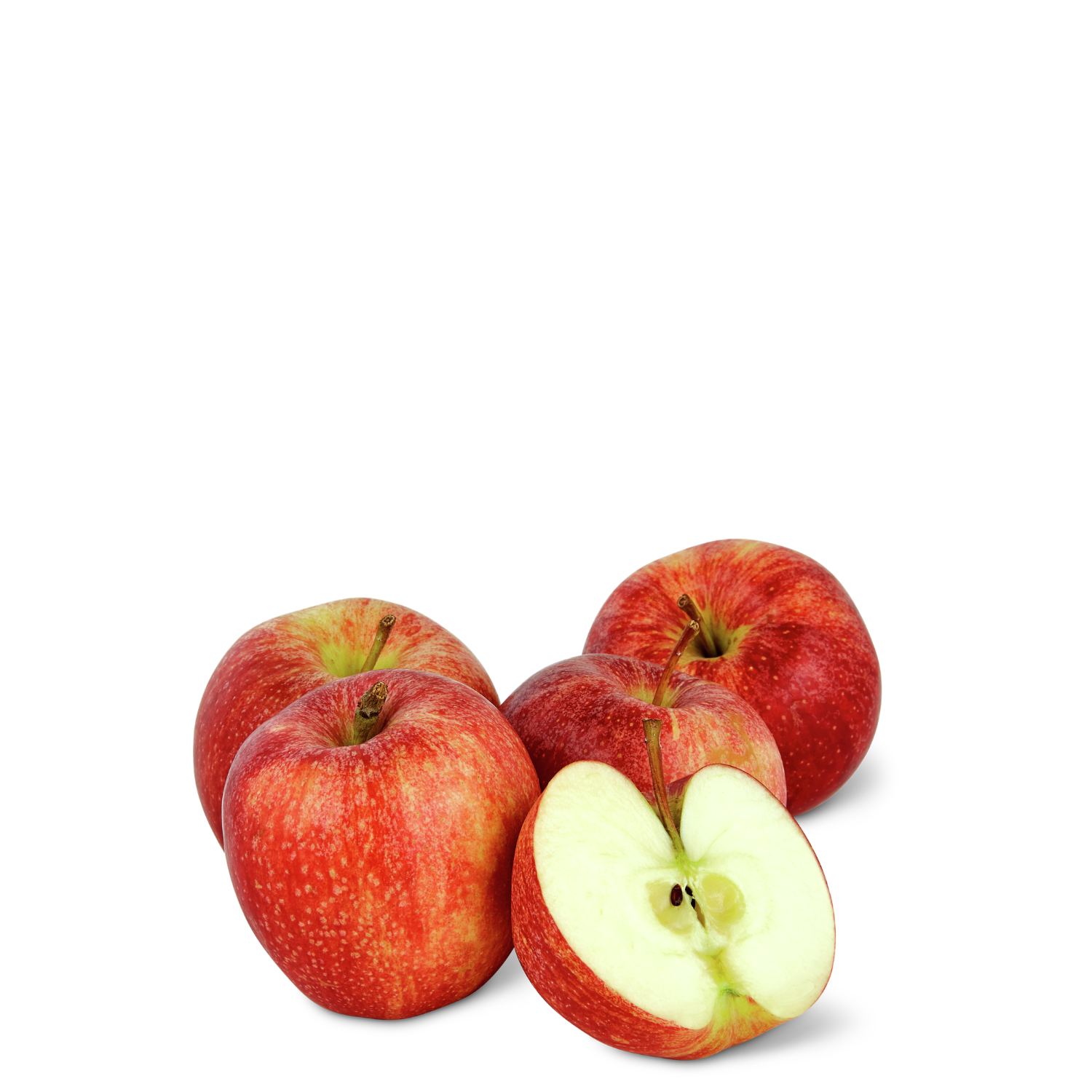Frische rote Äpfel, einer halbiert und mit hellem Fruchtfleisch sichtbar, auf weissem Hintergrund – knackiges Obst für Snacks und Küche.