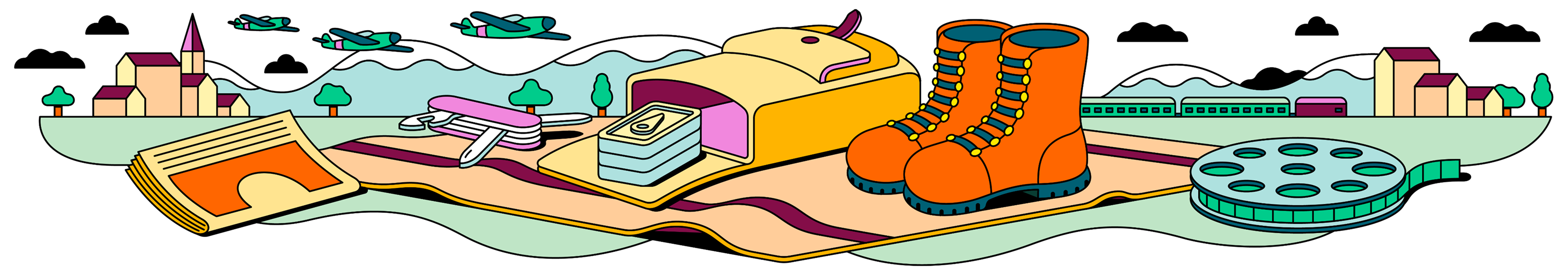 A colourful illustration of a church, aeroplanes from the 1930s, a pocket knife, hiking rucksack and hiking boots. Also a film reel and a train.