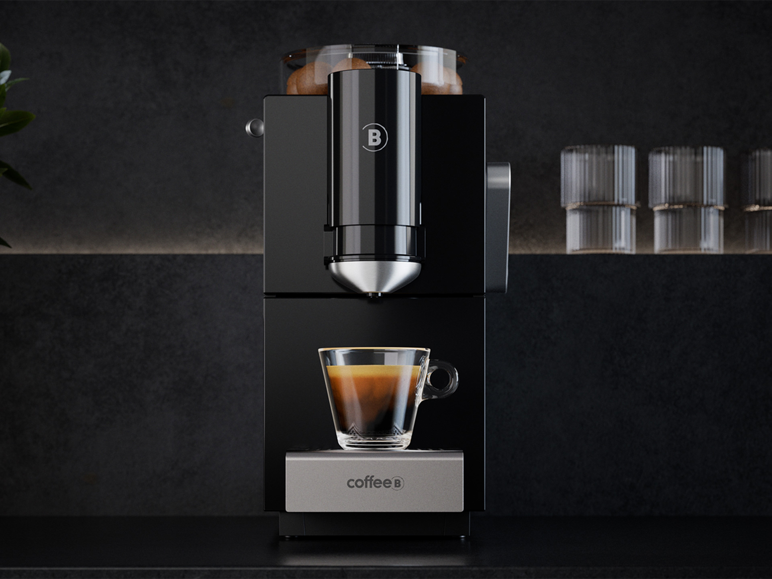 Coffee B coffee machine with a cup of espresso
