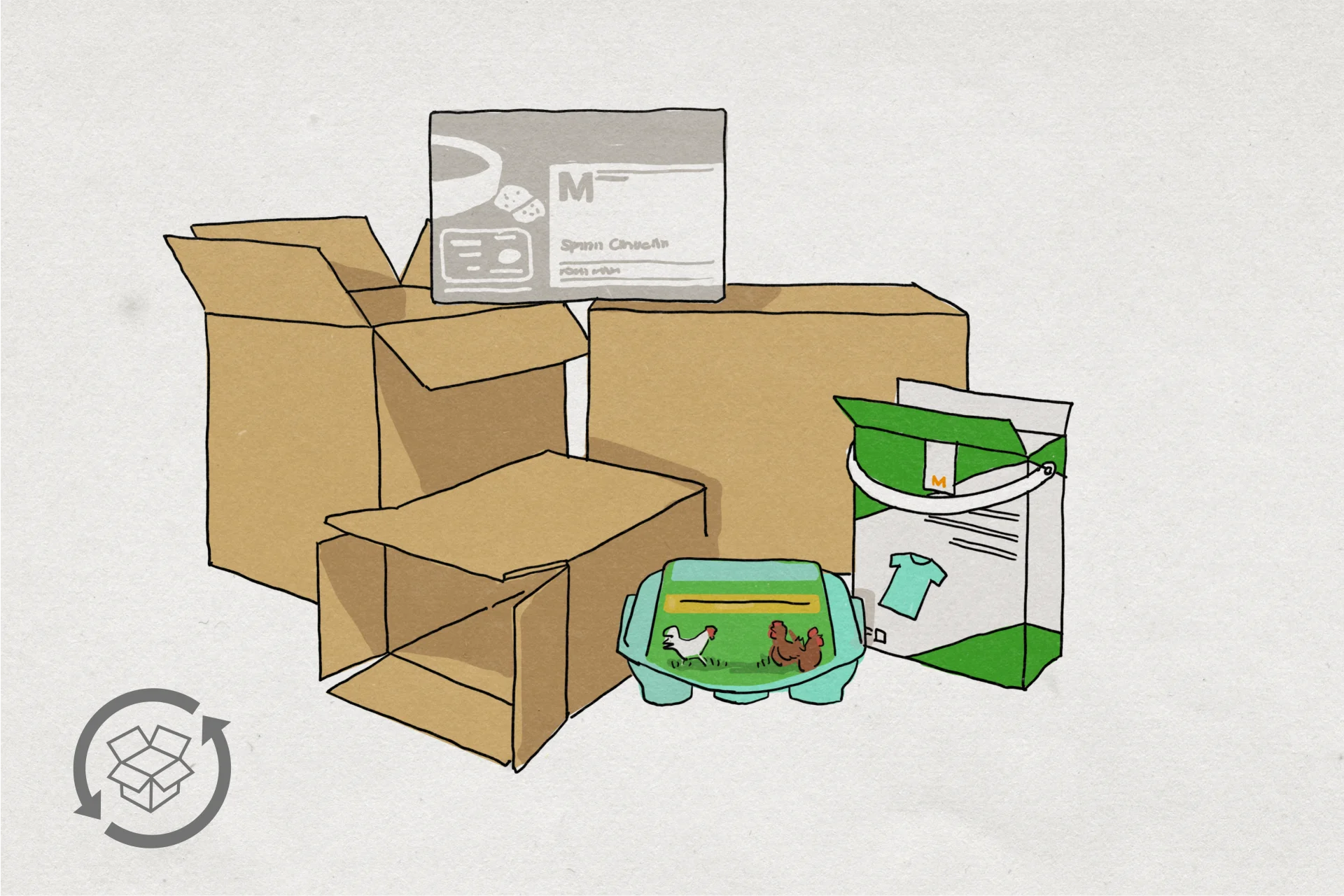 Illustration of empty boxes in various sizes and colours.