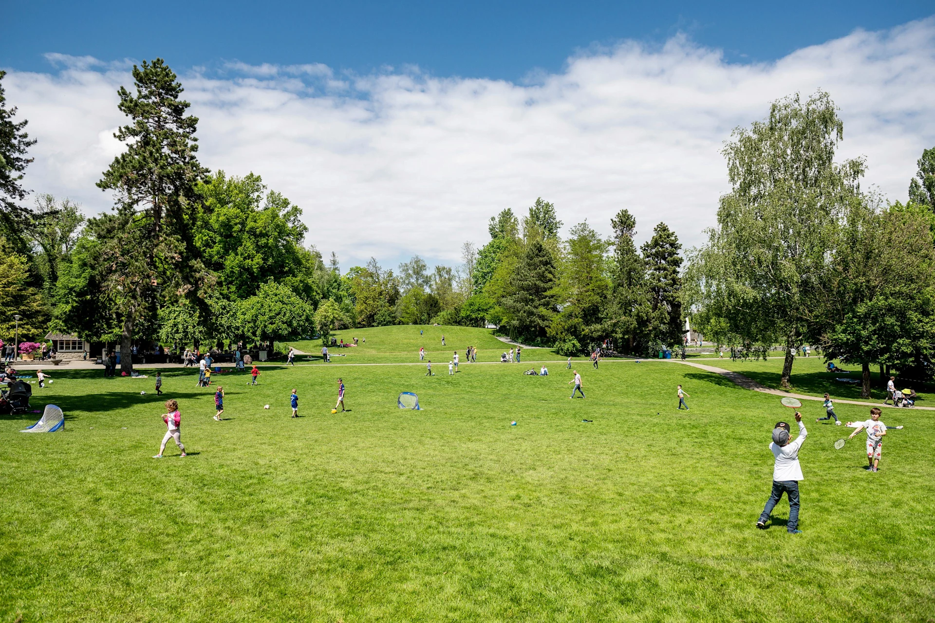 Un parco con un prato verde e alberi.