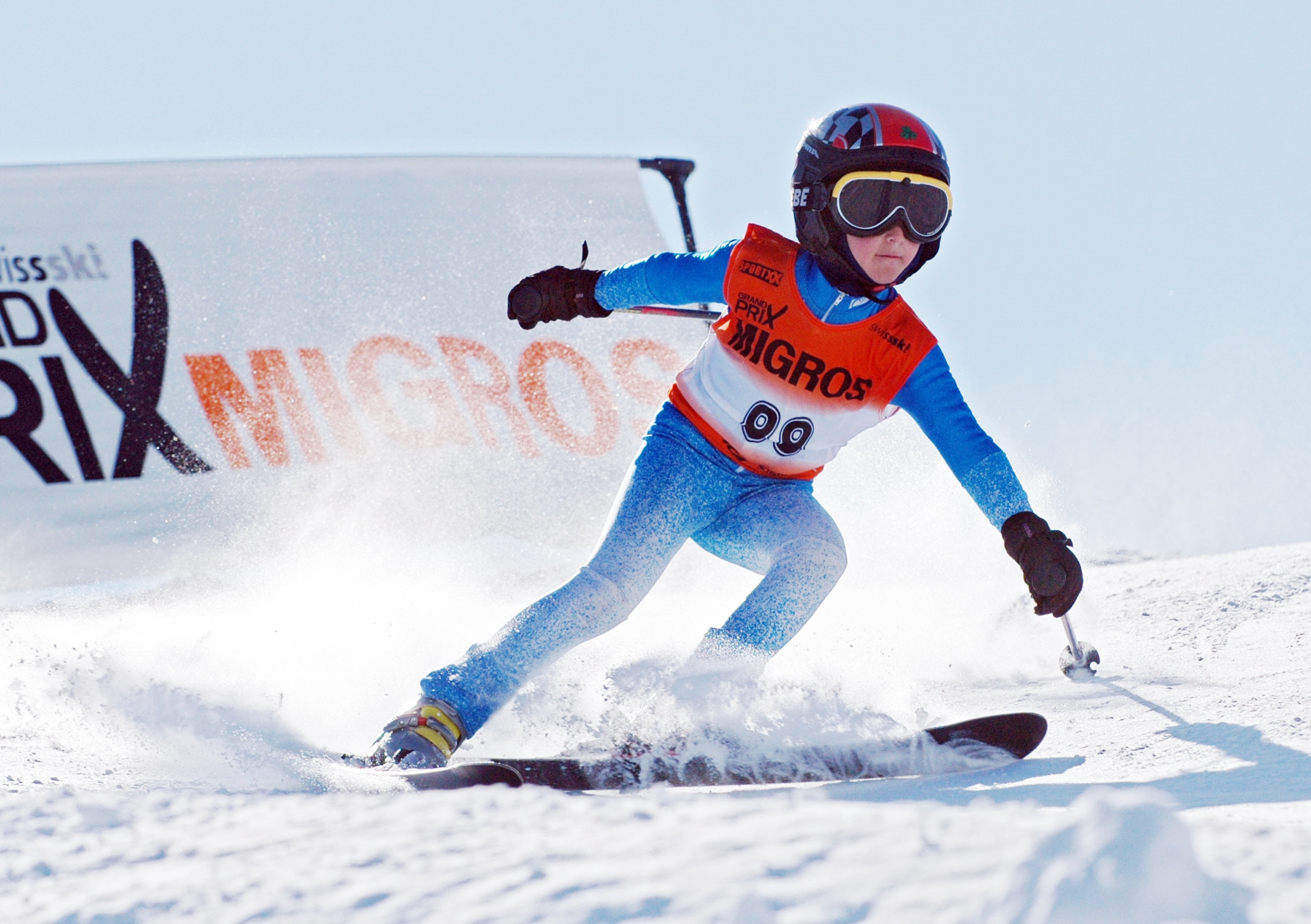 A child takes part in a downhill run at the Migros Grand Prix.