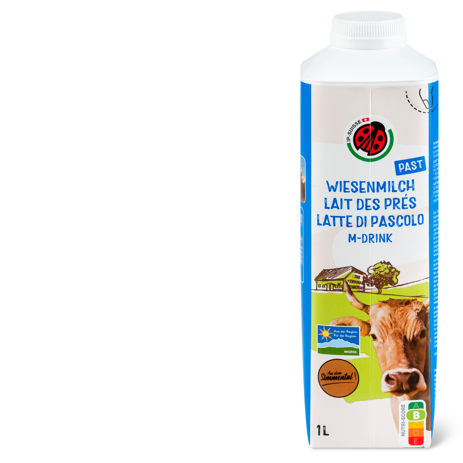1‑Liter‑Kartonschachtel Migros Bio Wiesenmilch mit blau‑weisser Verpackung, Abbildung eines Bauernhofs und einer Kuh, Nährwertampel und Bio‑Label auf der Vorderseite.